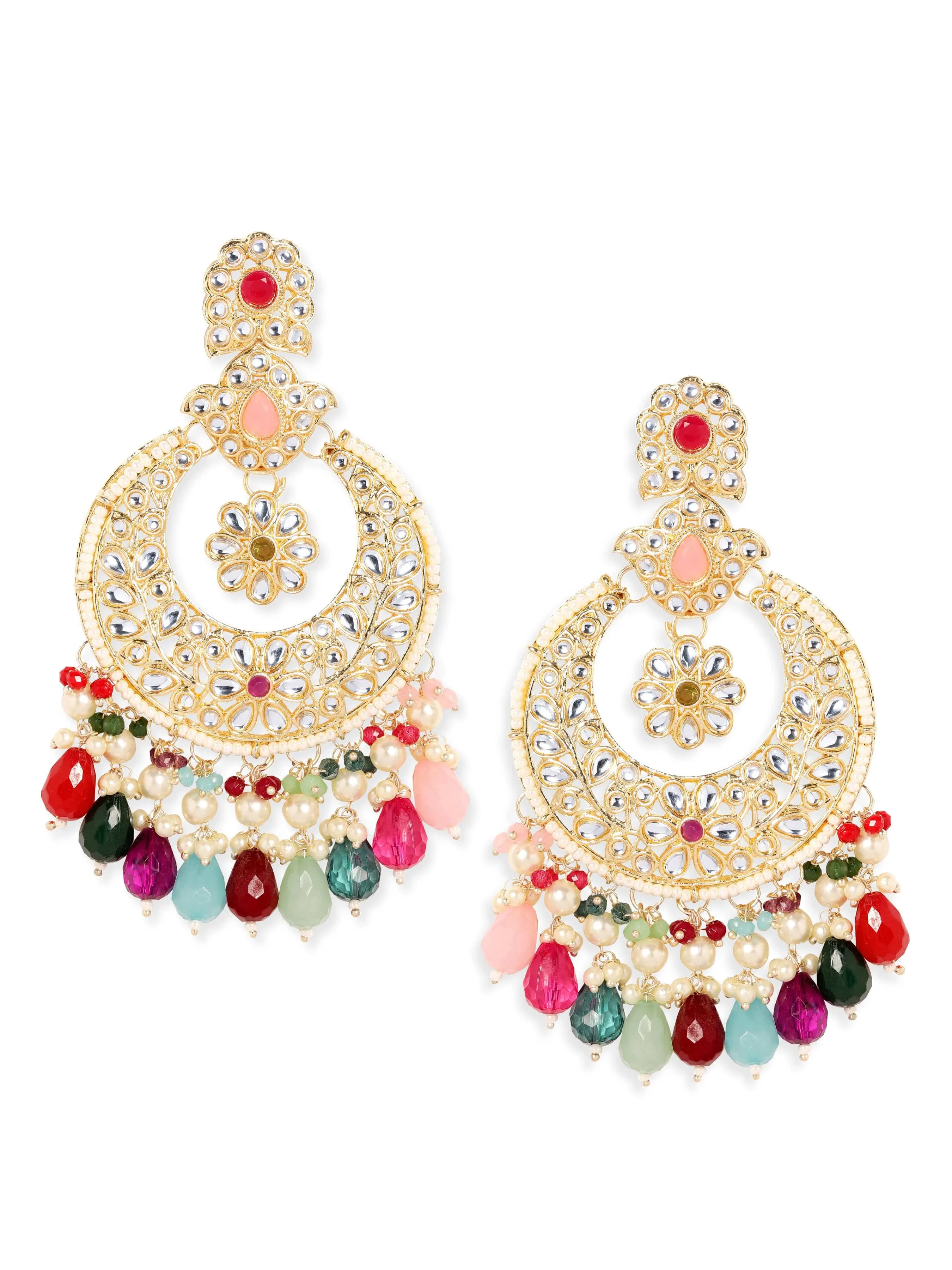 Rubans 22K Gold plated kundan crystals studded multicolour beads and pearls chandbali earrings