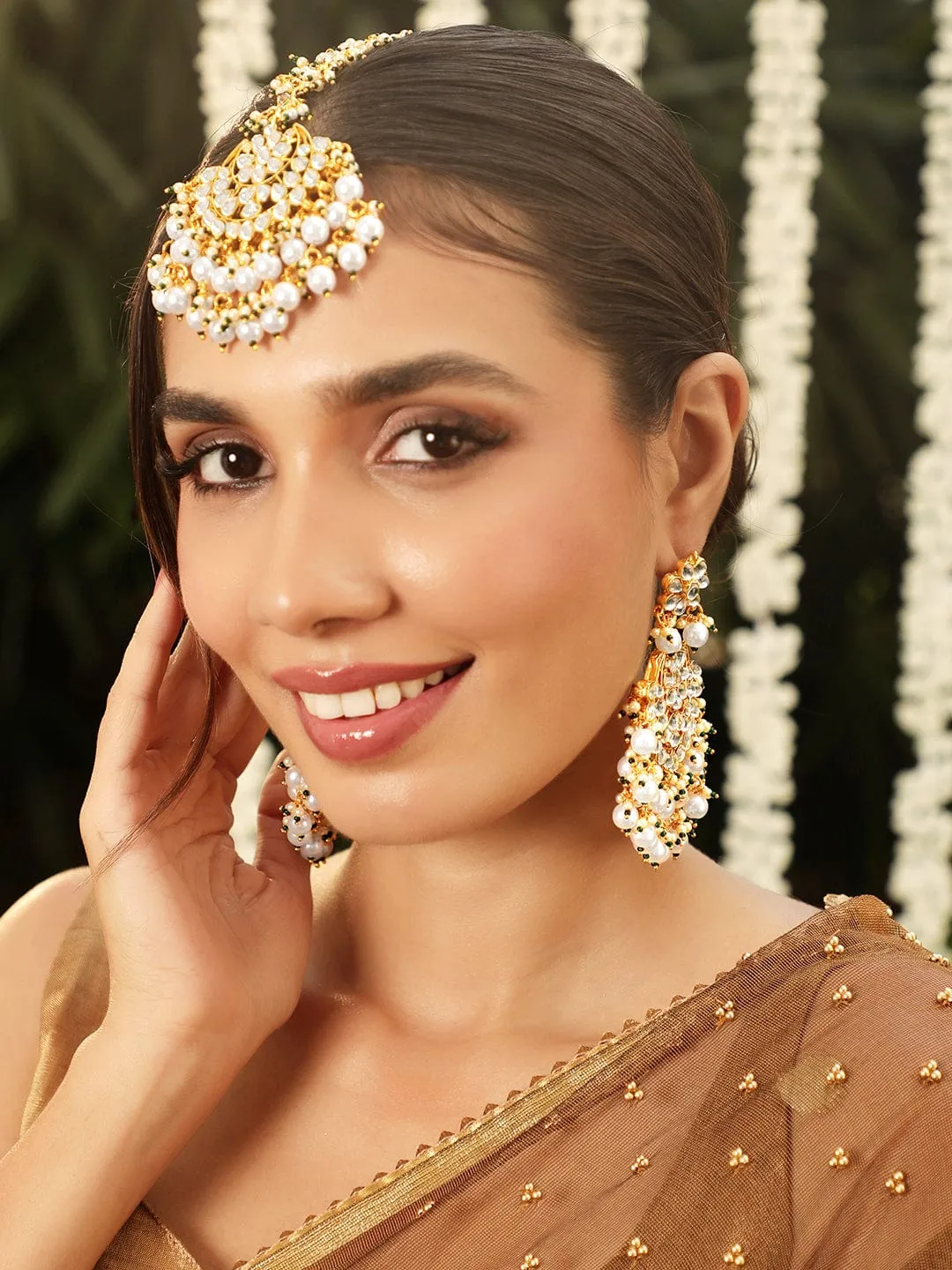 Rubans 22K Gold plated Kundan with pearl beaded Chandbali Statement Earrings and maang tika set