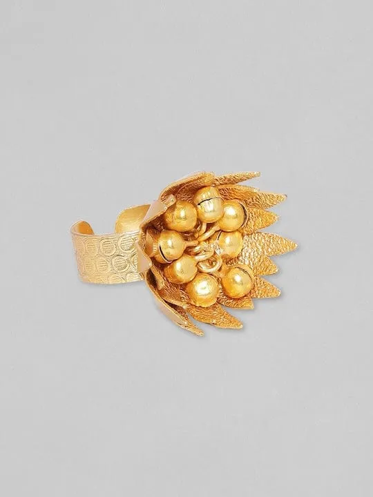 Rubans 24K Gold Plated Handcrafted  Ring With Golden Beads And Floral Design