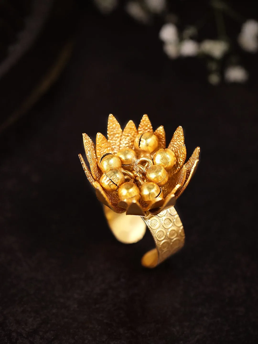 Rubans 24K Gold Plated Handcrafted  Ring With Golden Beads And Floral Design