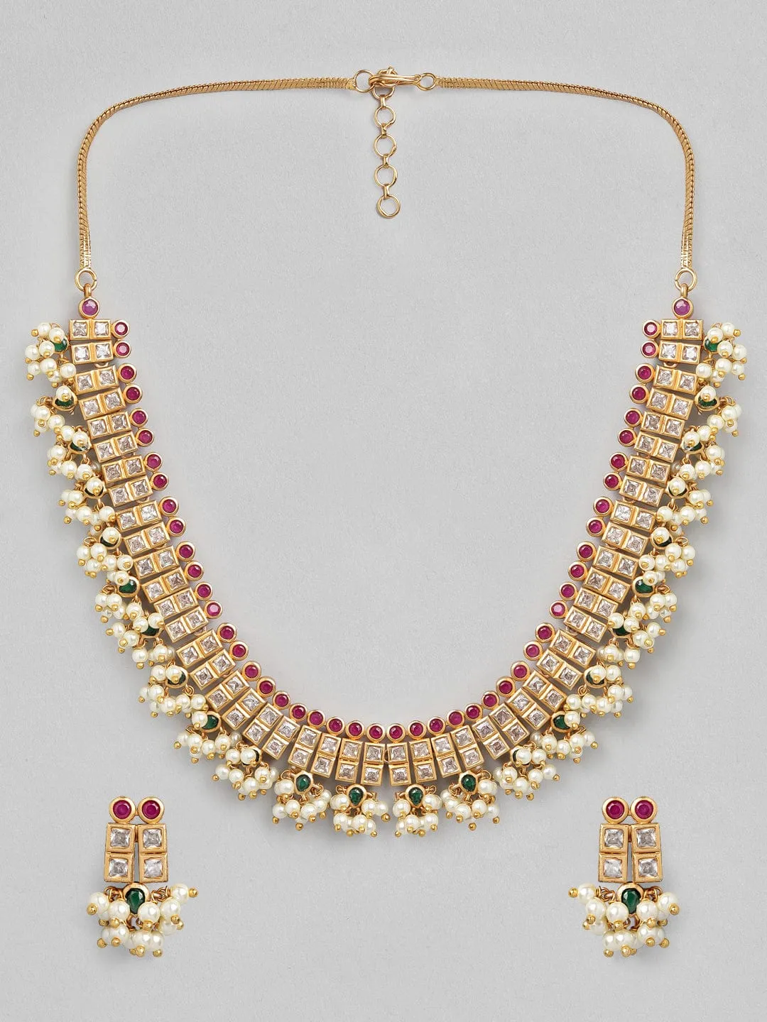 Rubans 24K Gold Plated Handcrafted Ruby Stone with Pearls Necklace Set