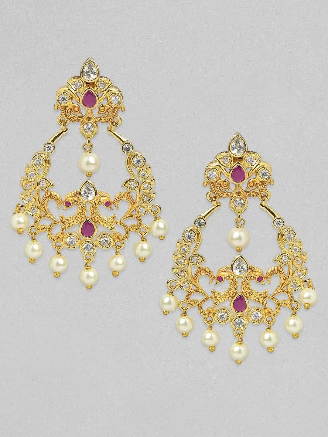 Rubans 24K Gold Plated Handcrafted Ruby Stone with White Pearls Drop Earrings