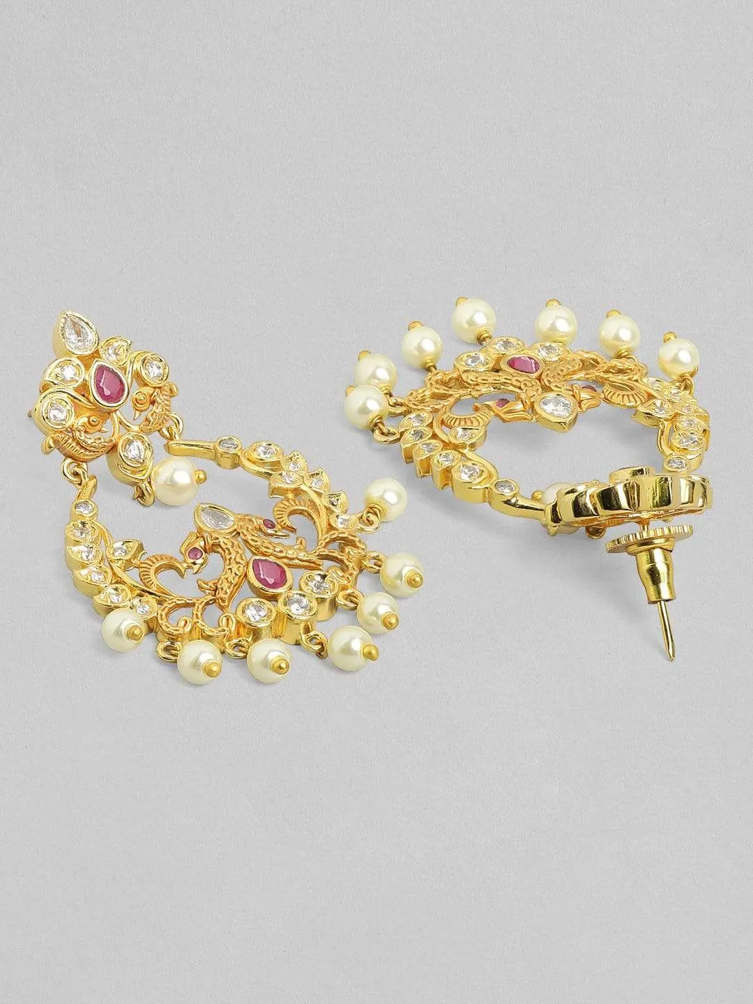 Rubans 24K Gold Plated Handcrafted Ruby Stone with White Pearls Drop Earrings