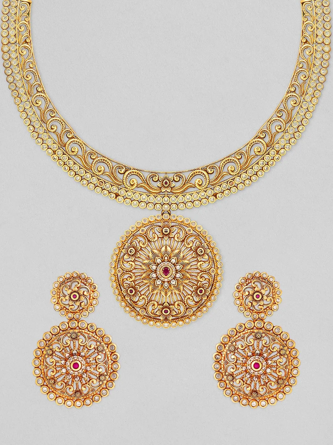 Rubans 24K Gold Plated Ruby and AD studded Necklace set.