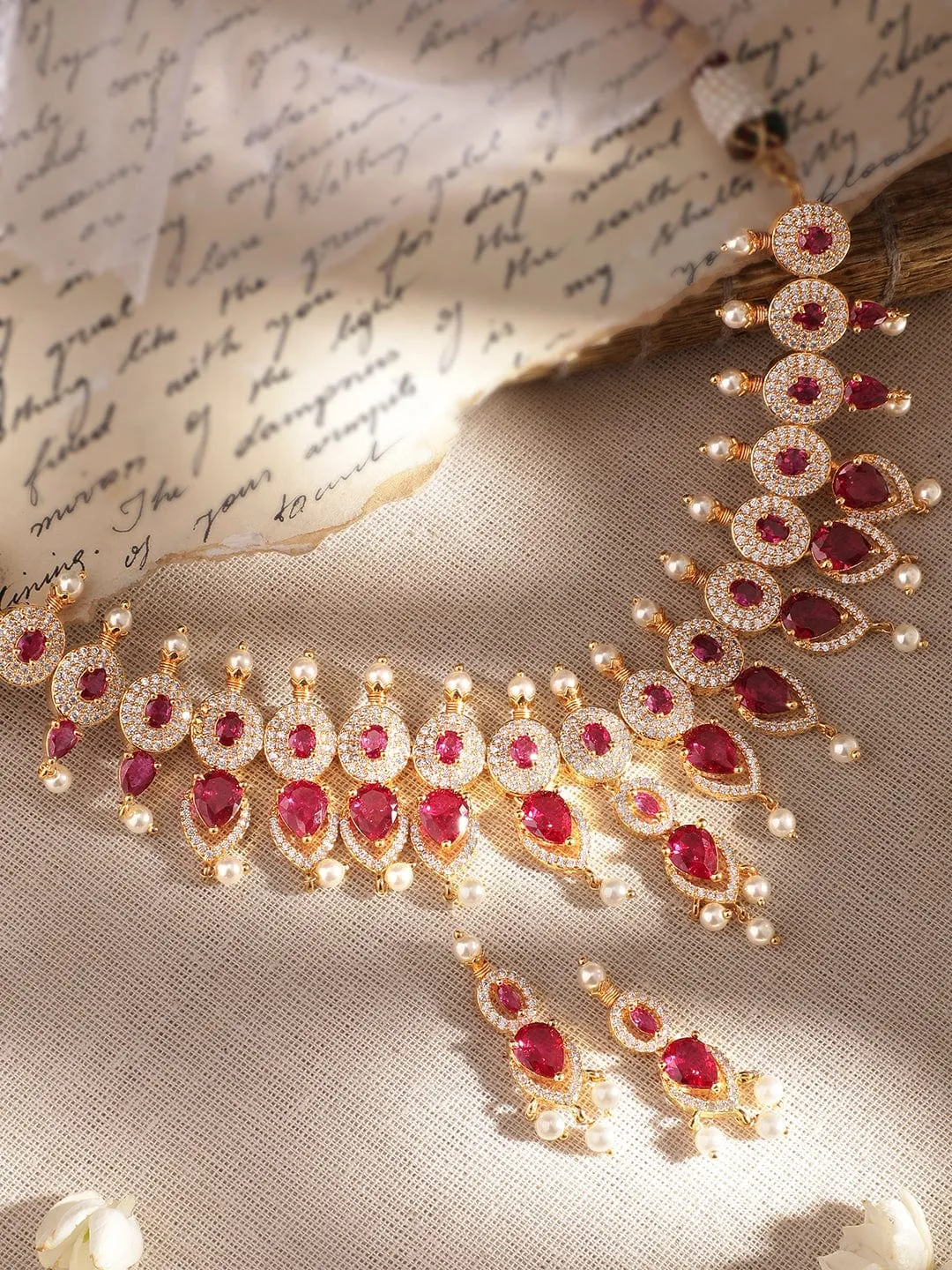 Rubans Blushing Elegance: White Beaded Pink Stone AD Necklace Set