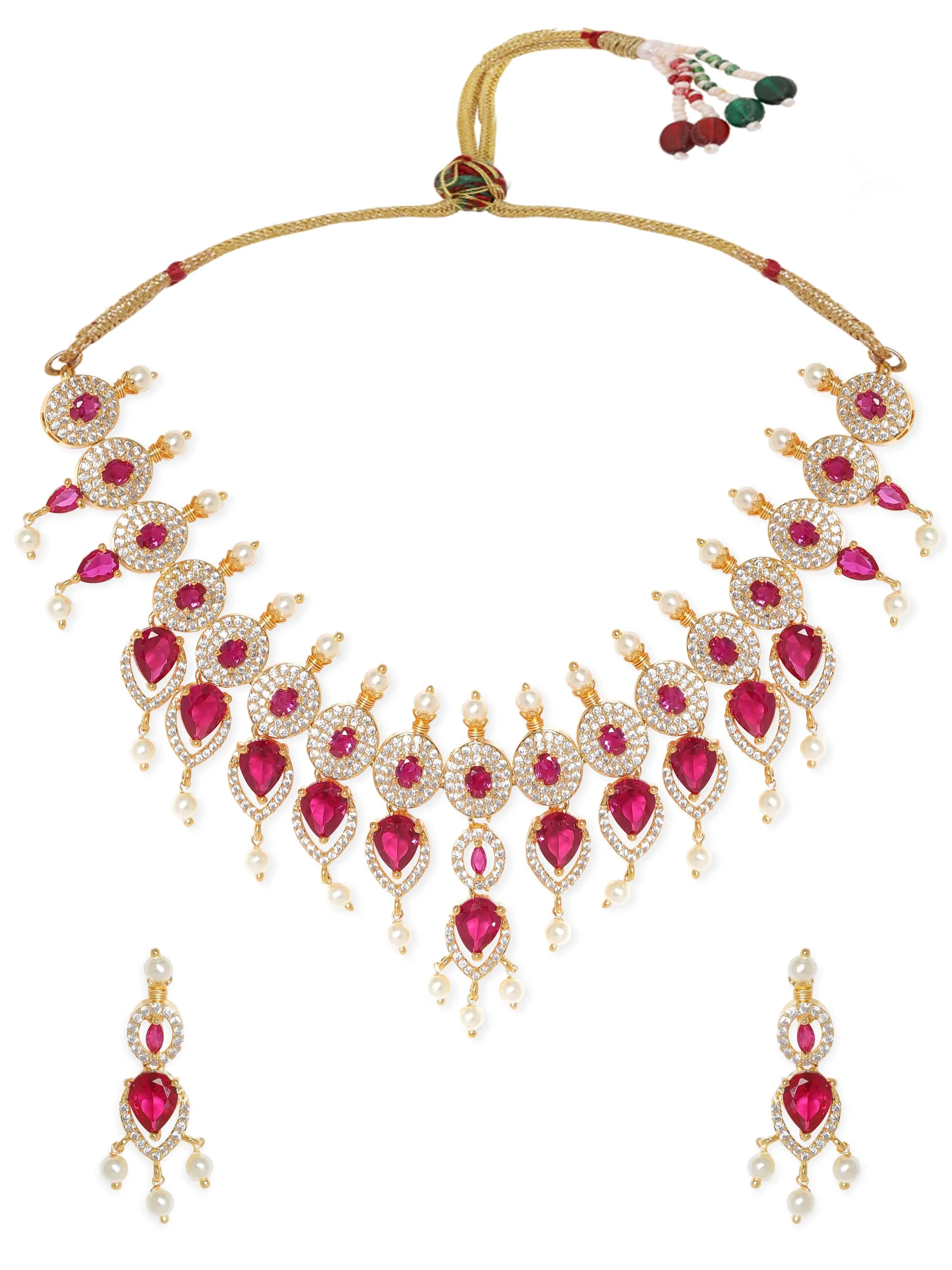 Rubans Blushing Elegance: White Beaded Pink Stone AD Necklace Set