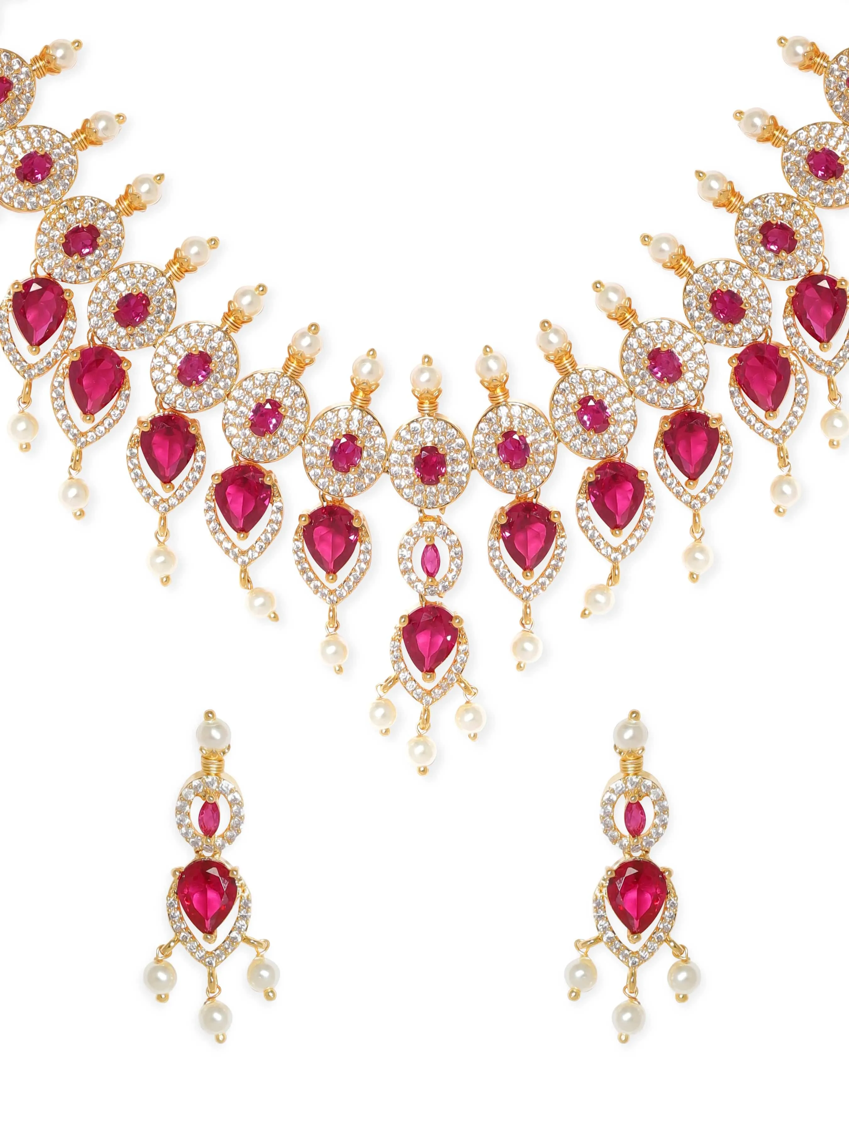 Rubans Blushing Elegance: White Beaded Pink Stone AD Necklace Set