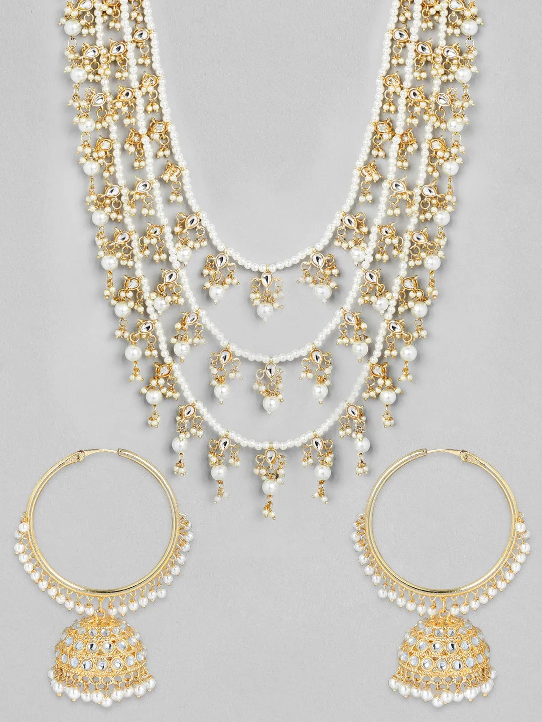 Rubans Gold Plated Handcrafted Kundan with White Pearls Layered Necklace Set