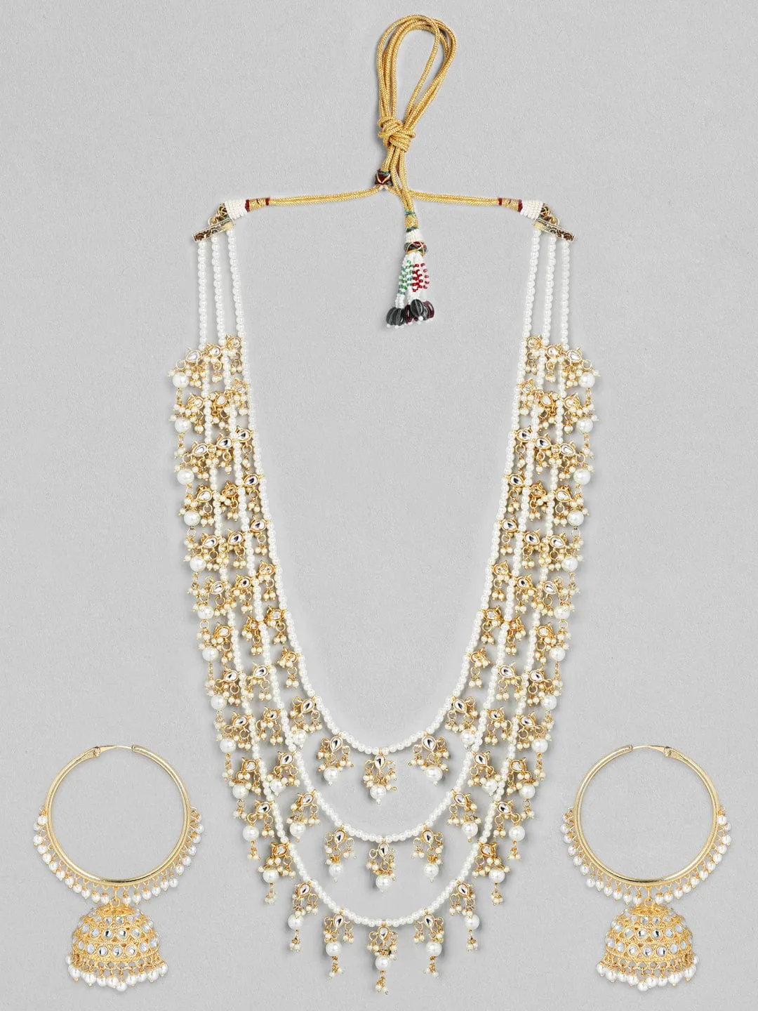 Rubans Gold Plated Handcrafted Kundan with White Pearls Layered Necklace Set