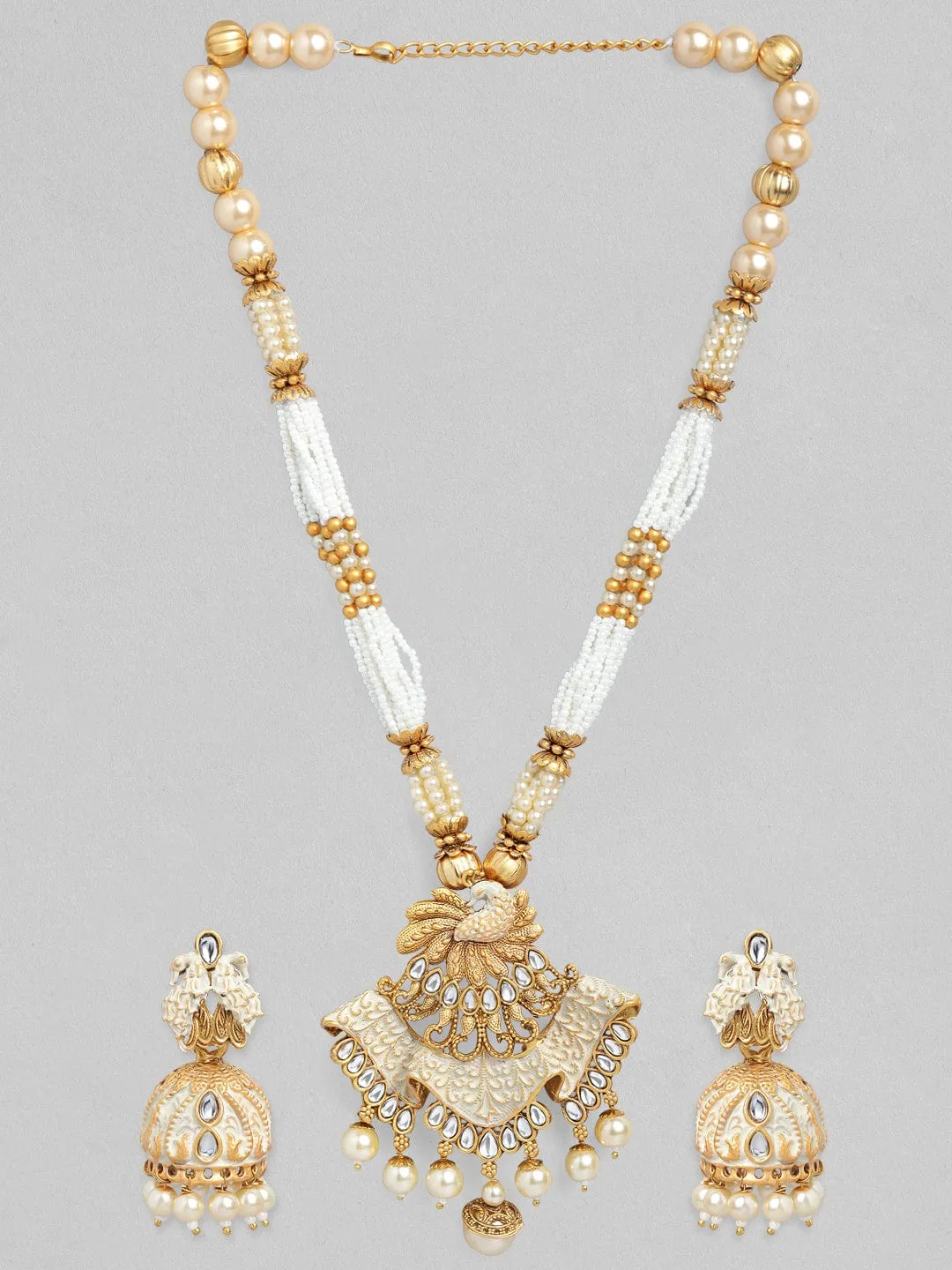 Rubans Gold Plated Handcrafted White Beads Traditional Necklace Set