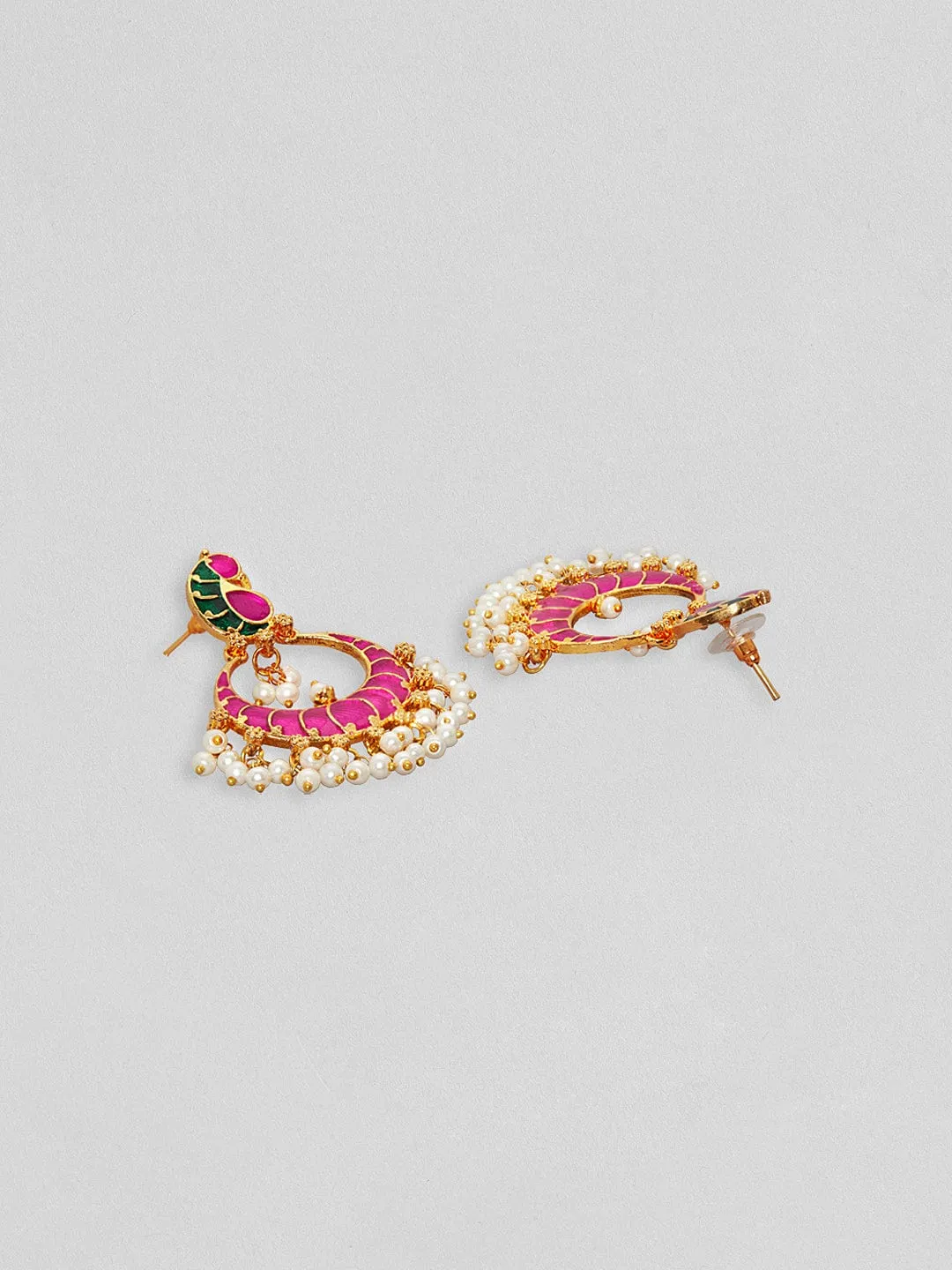 Rubans Gold Plated Pink And Green Enamelled Earrings With Peacock Design