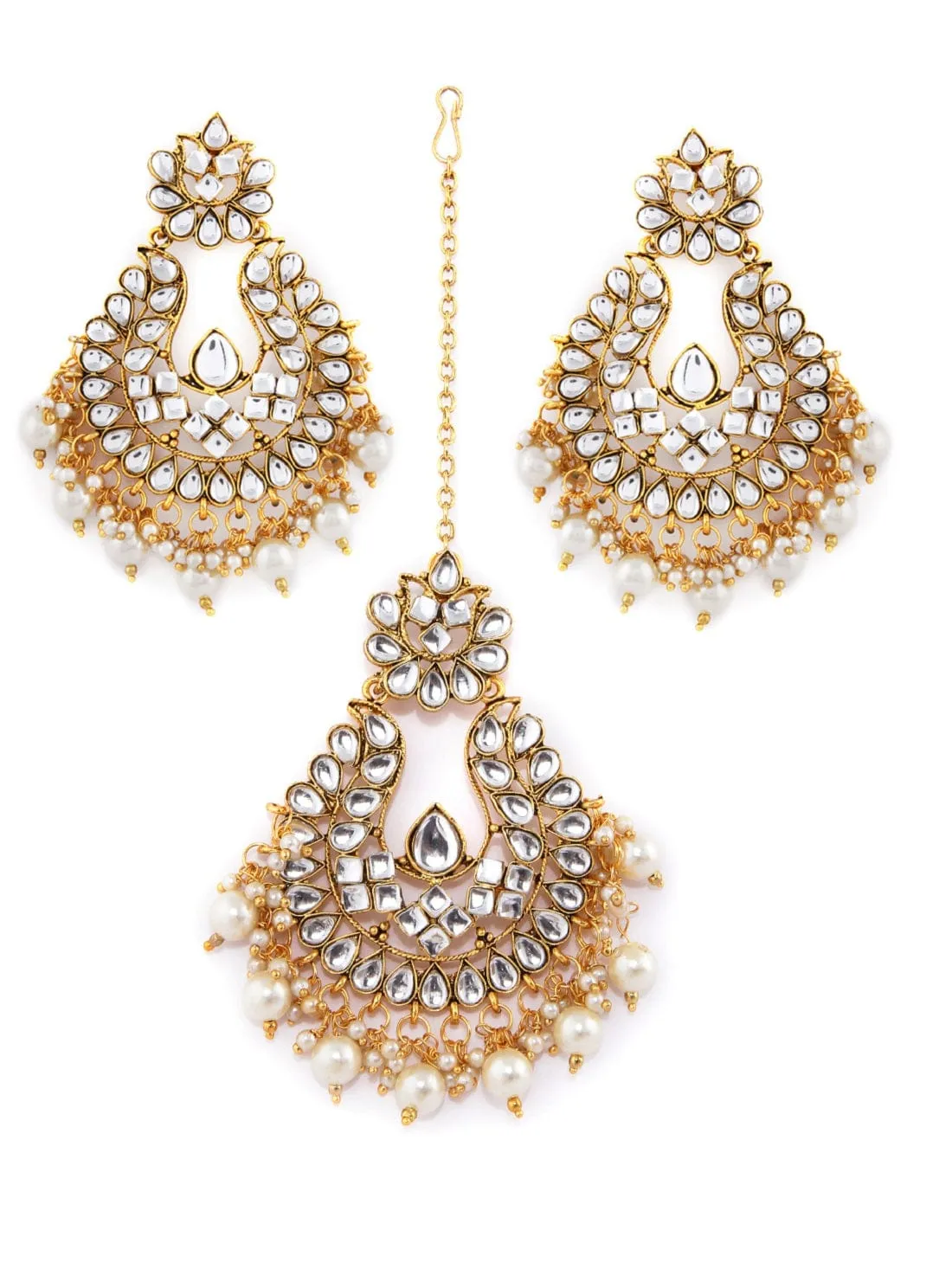 Rubans Gold Plated Traditional Kundan And Pearls Necklace Set With Maang Tikka