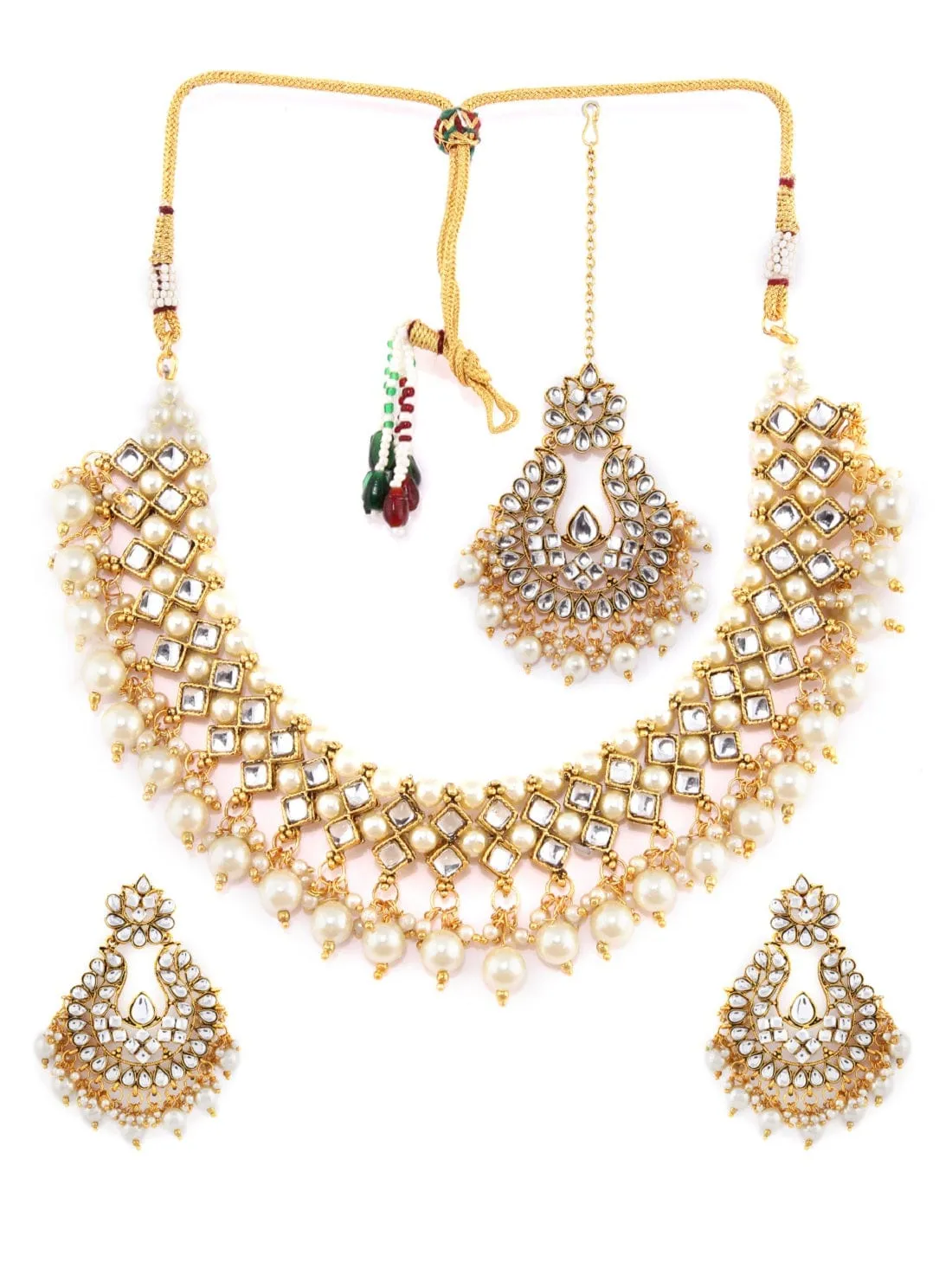 Rubans Gold Plated Traditional Kundan And Pearls Necklace Set With Maang Tikka