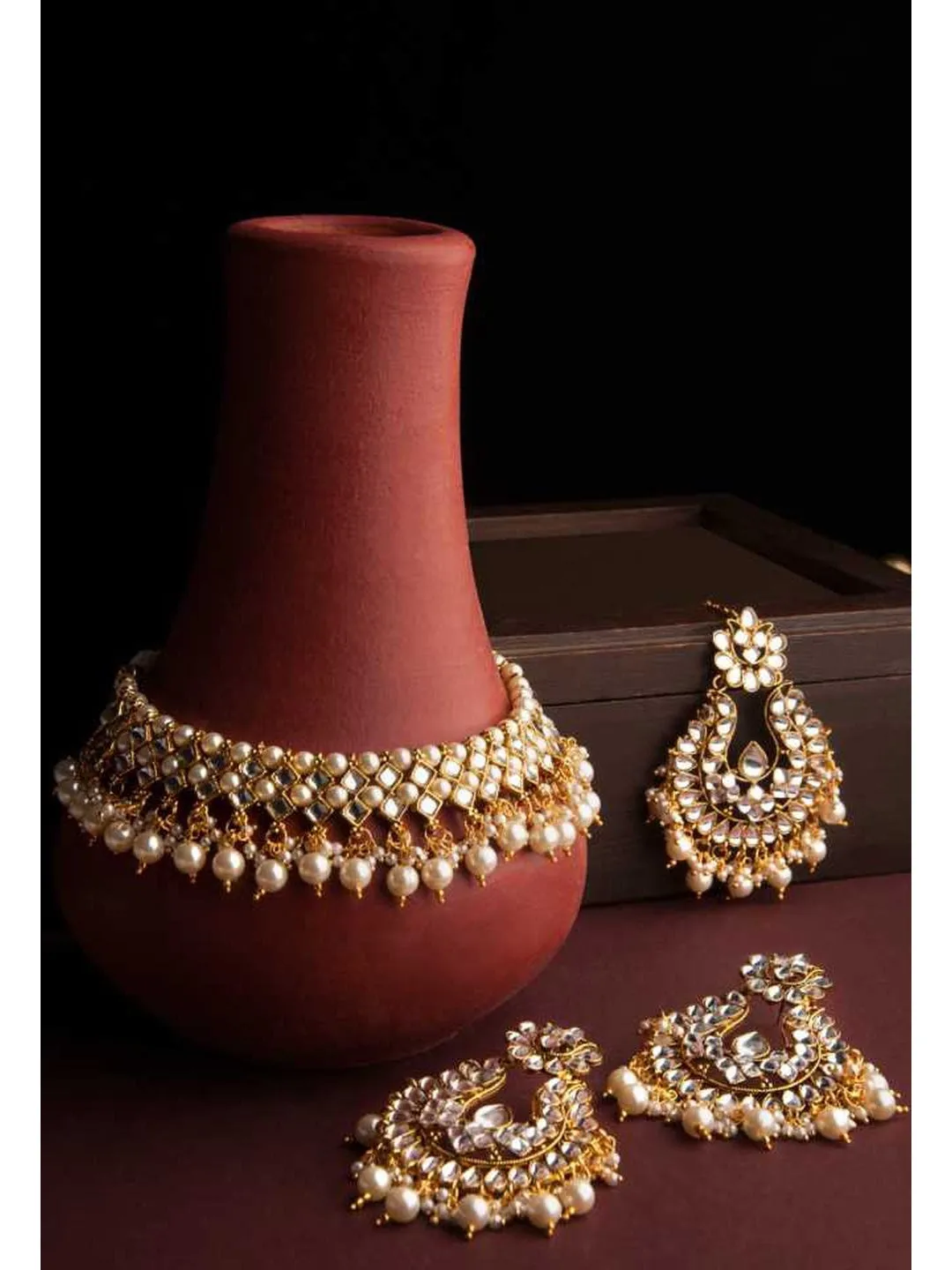 Rubans Gold Plated Traditional Kundan And Pearls Necklace Set With Maang Tikka