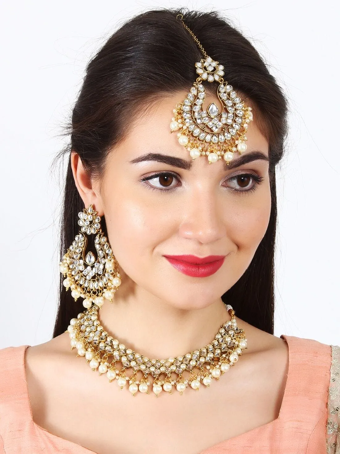 Rubans Gold Plated Traditional Kundan And Pearls Necklace Set With Maang Tikka