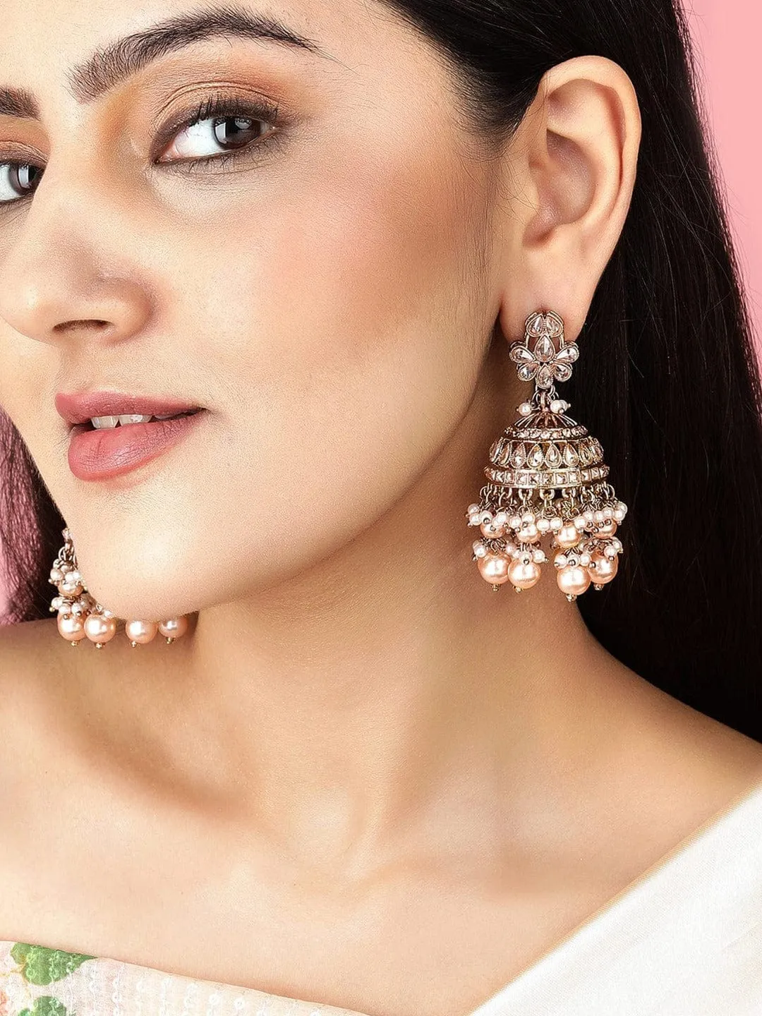 Rubans Gold-Toned & White Dome Shaped Jhumkas Earrings