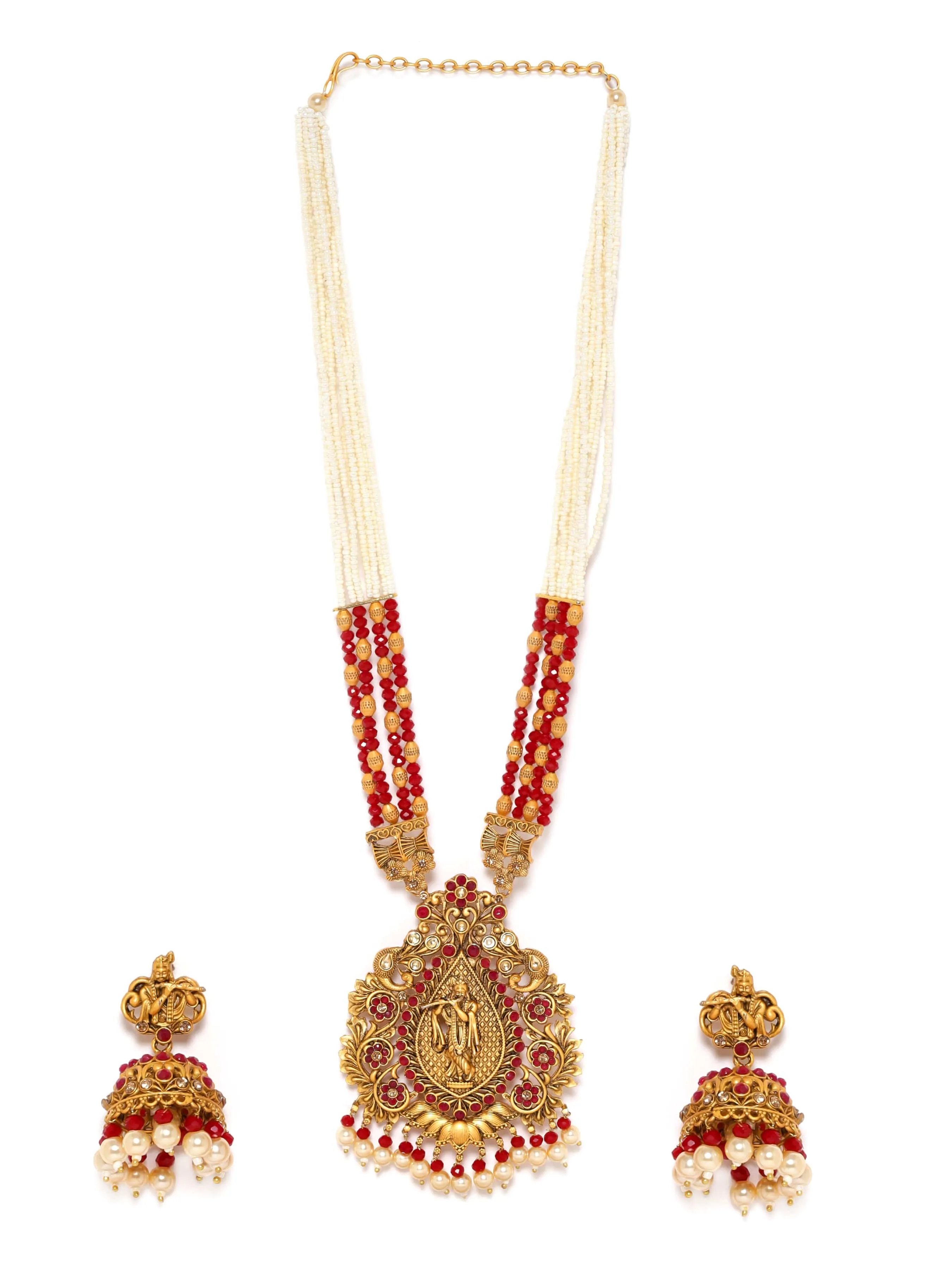 Rubans Gold-Toned Lord Krishna Temple Jewellery with White and Red Beads Chain