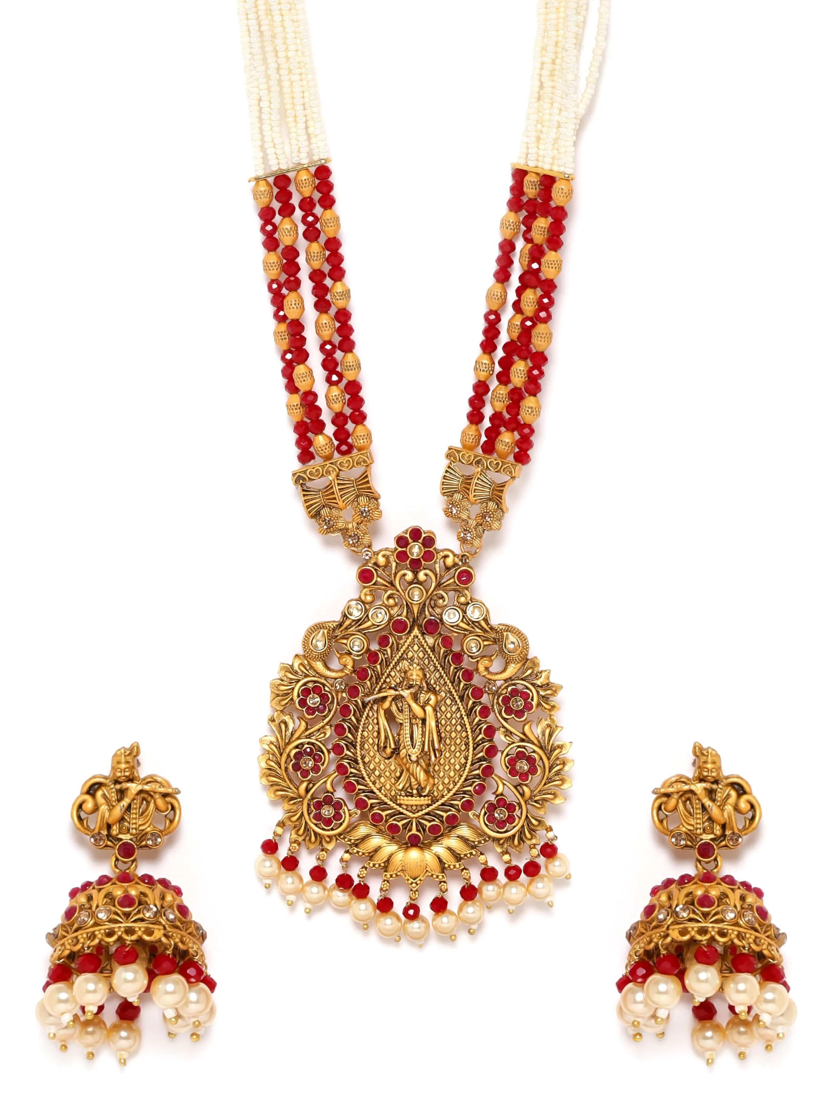 Rubans Gold-Toned Lord Krishna Temple Jewellery with White and Red Beads Chain