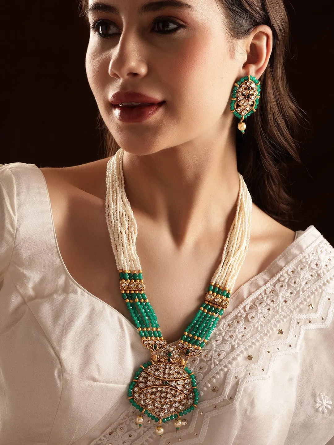 Rubans Green and White Beads Chain with Gold-Tone Pendant Adorned with Stones Necklace Set