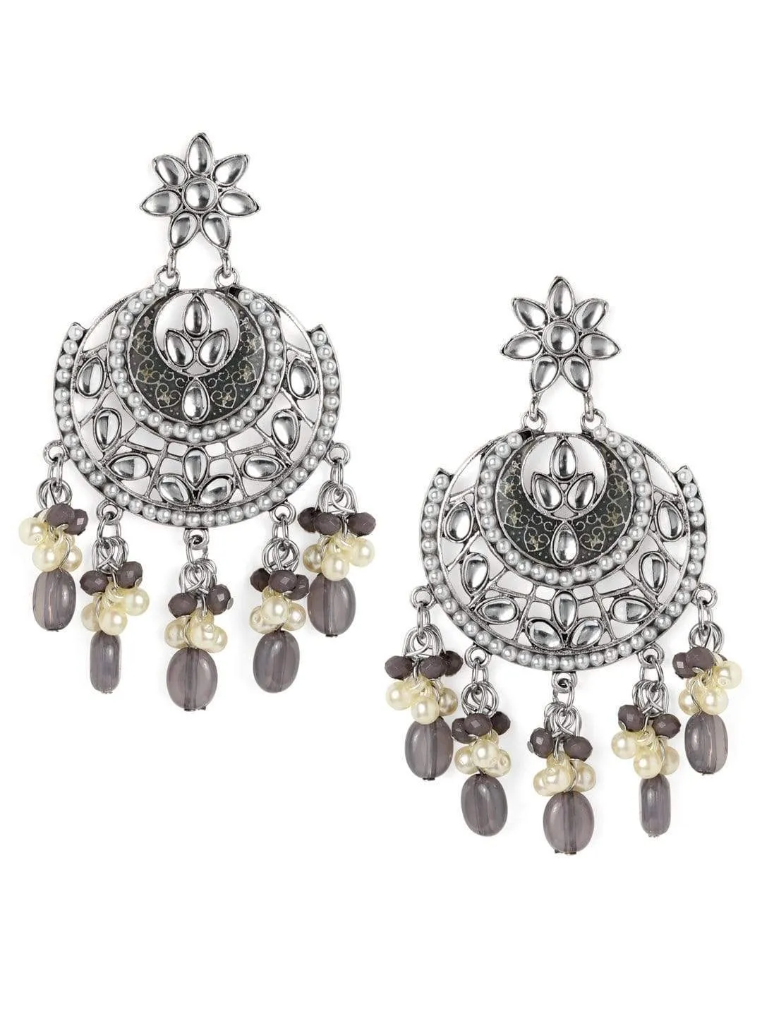 Rubans Kundan with Grey Beads Silver Plated Hancrafted Chandbali Earrings