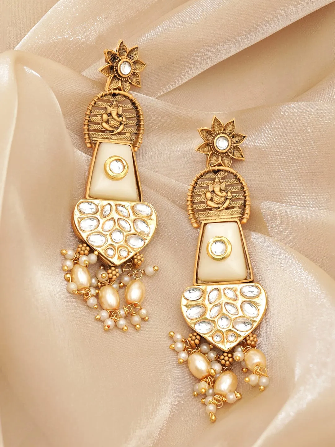 Rubans Lord Ganesh Chandelier Earrings with White Stones and Beads Hanging