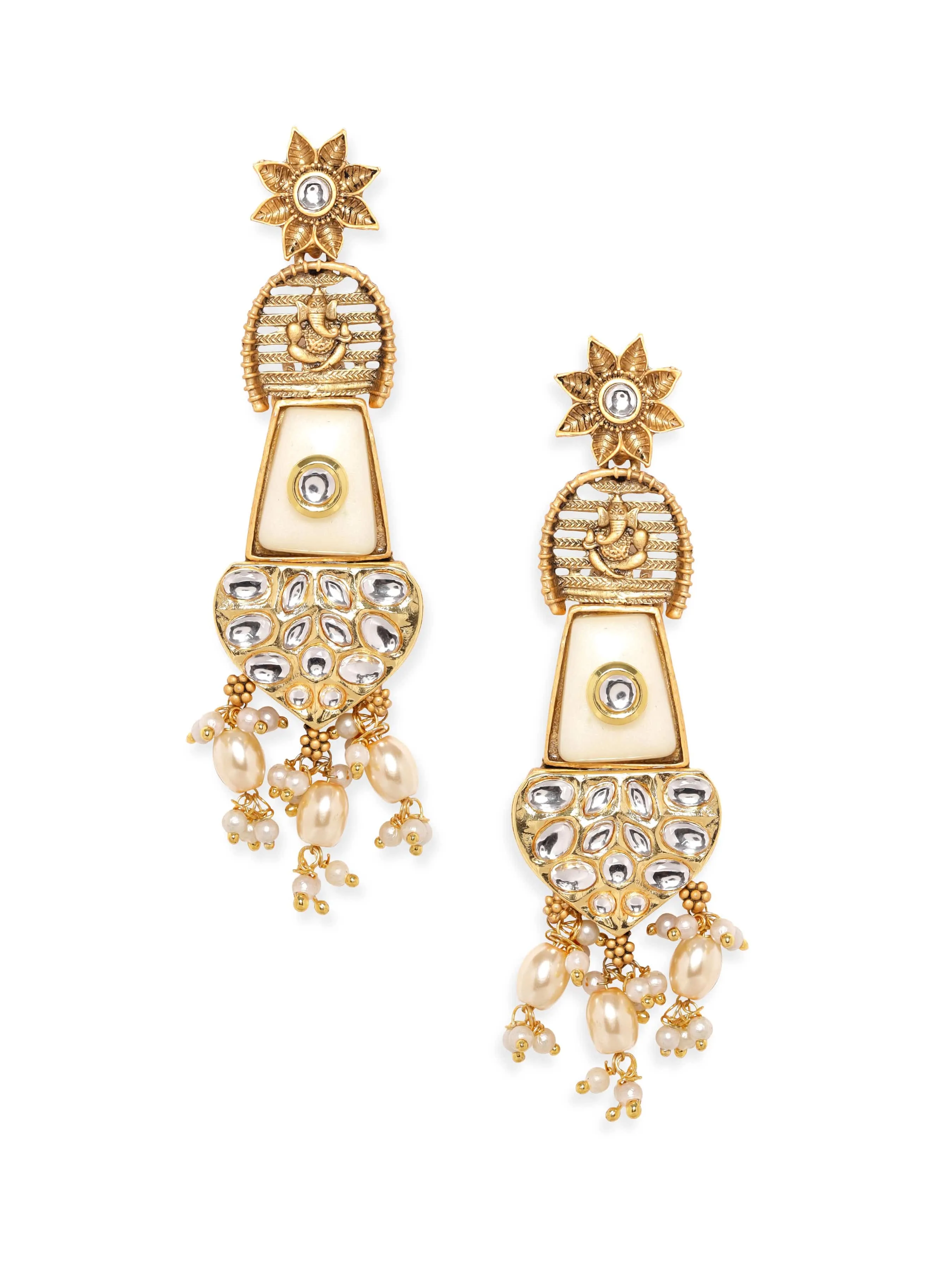 Rubans Lord Ganesh Chandelier Earrings with White Stones and Beads Hanging