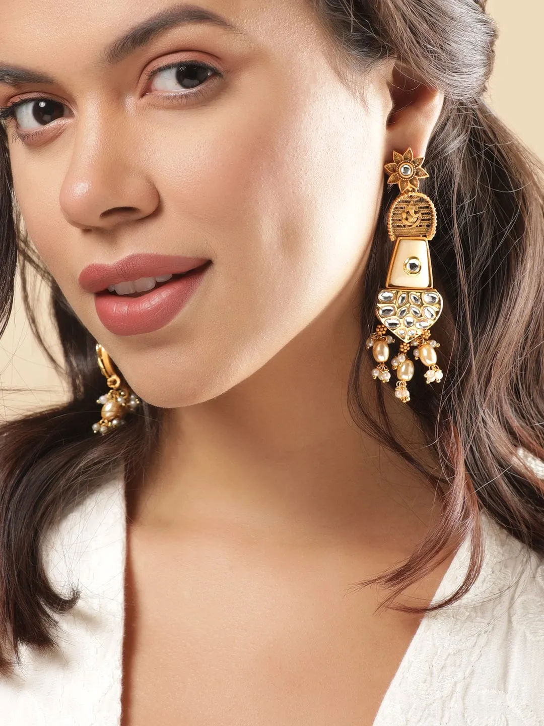 Rubans Lord Ganesh Chandelier Earrings with White Stones and Beads Hanging