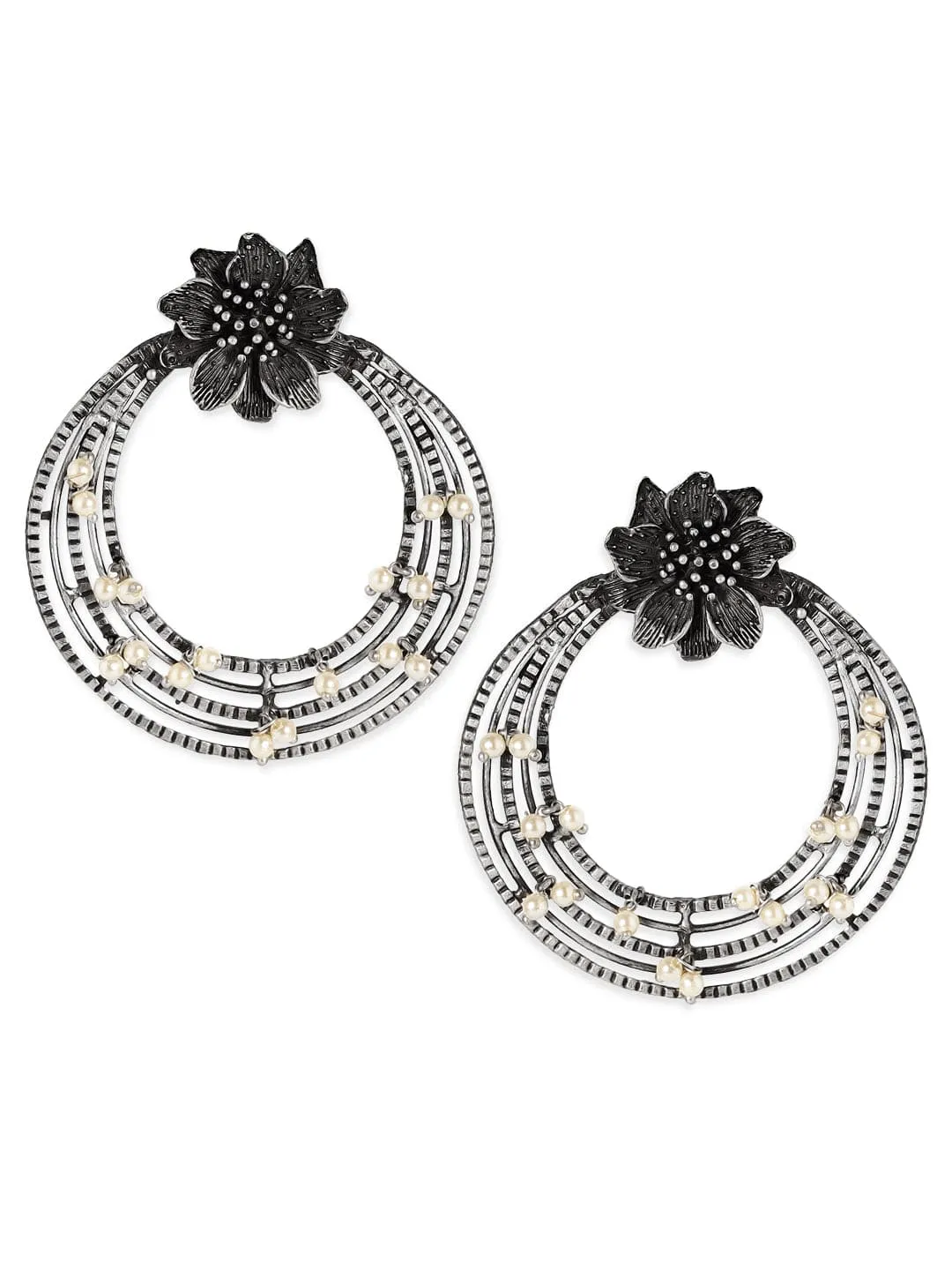 Rubans Oxidised Silver Plated Handcrafted Floral Chandbali Earrings