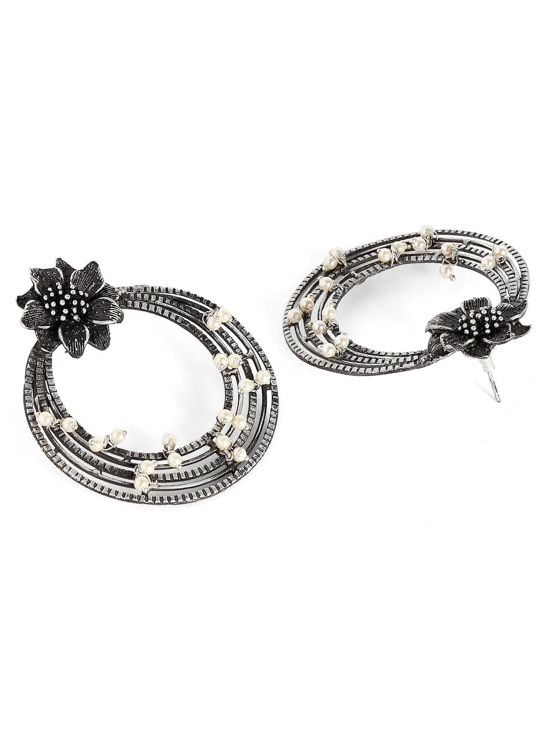 Rubans Oxidised Silver Plated Handcrafted Floral Chandbali Earrings