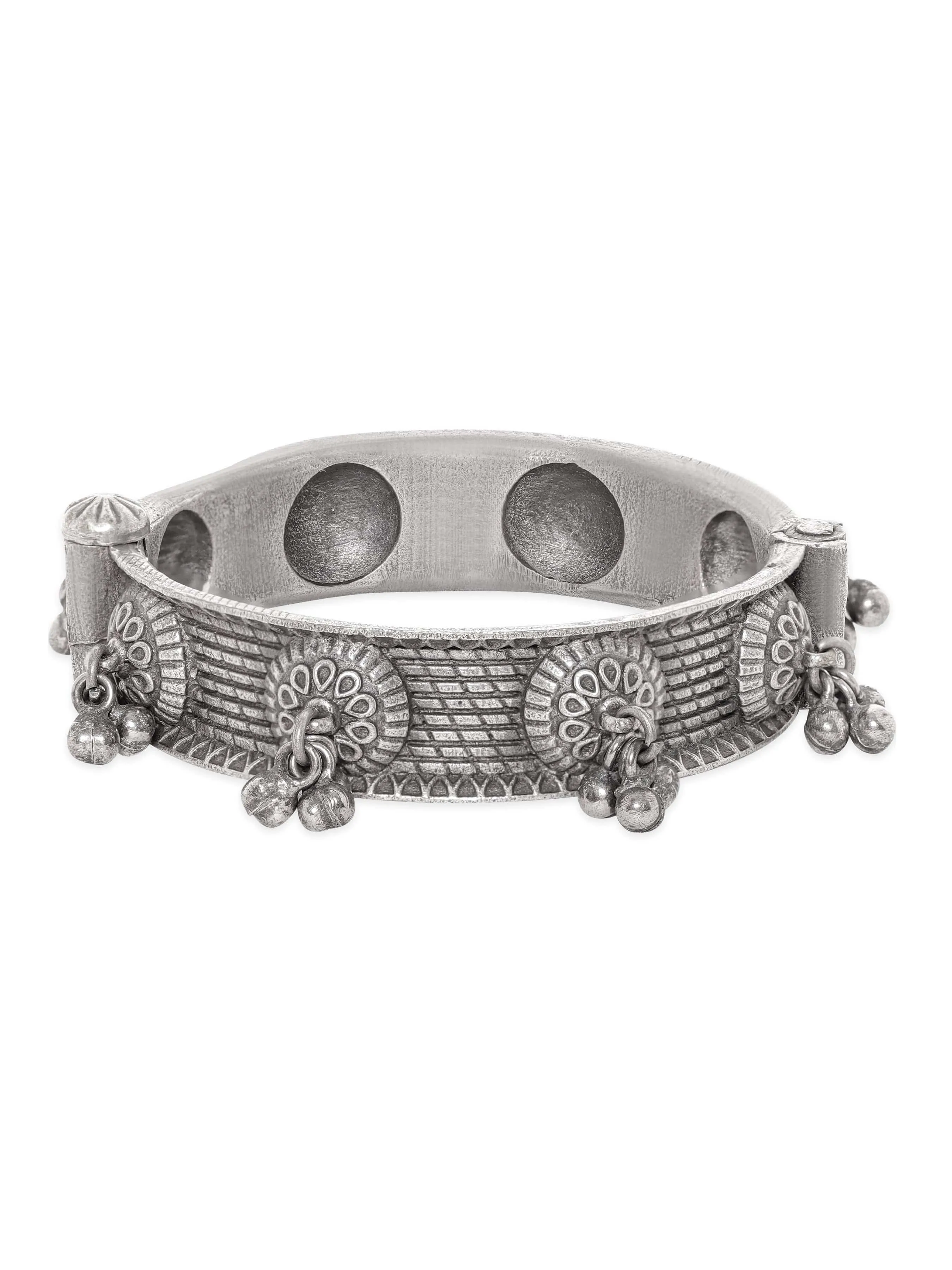 Rubans Oxidized Silver Plated Kada Bracelet with Ghungroo Embellishments