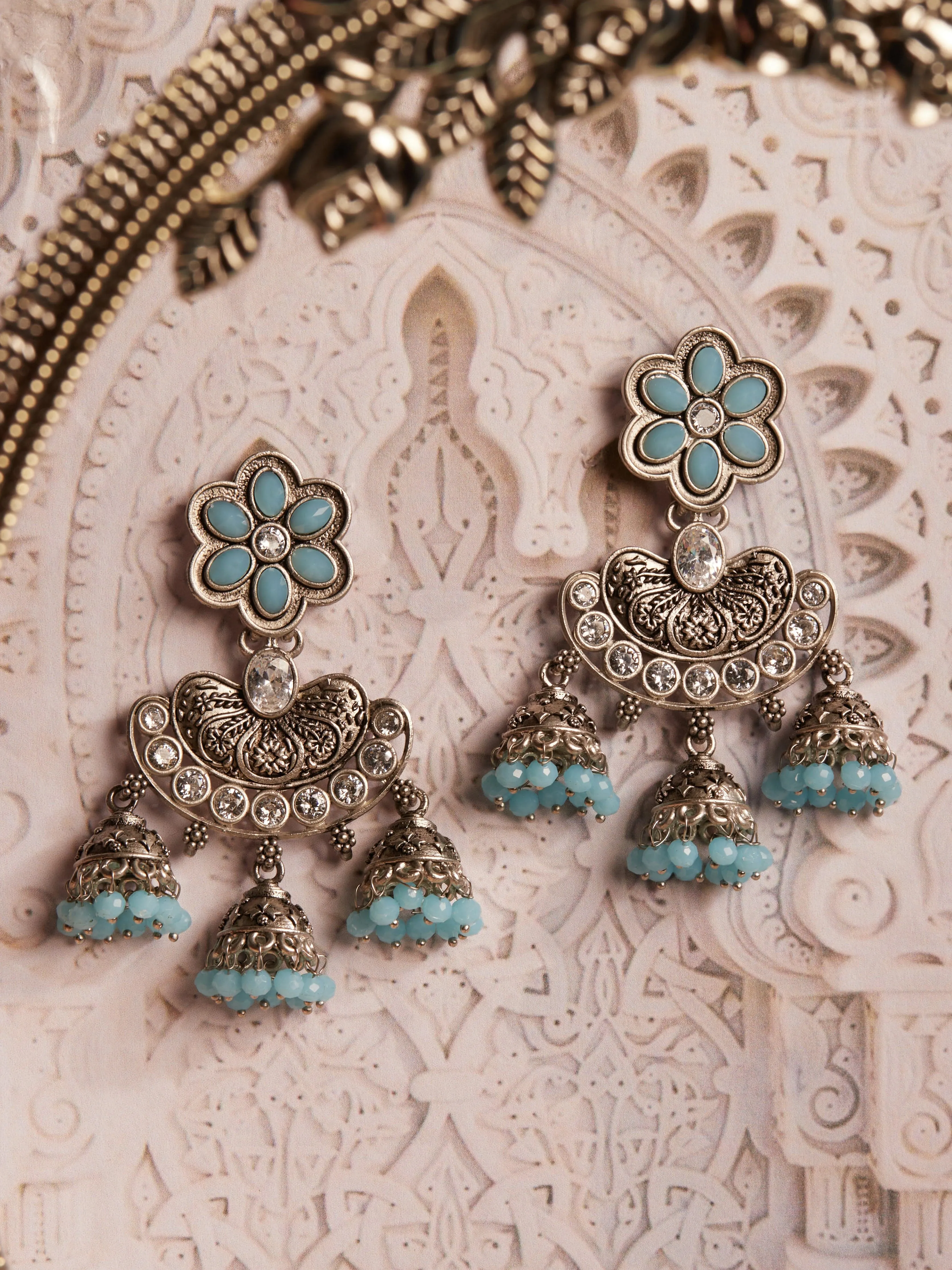 Rubans Oxidized Traditional Earrings in White and  Blue Studded Stones and Jhumka Danglers