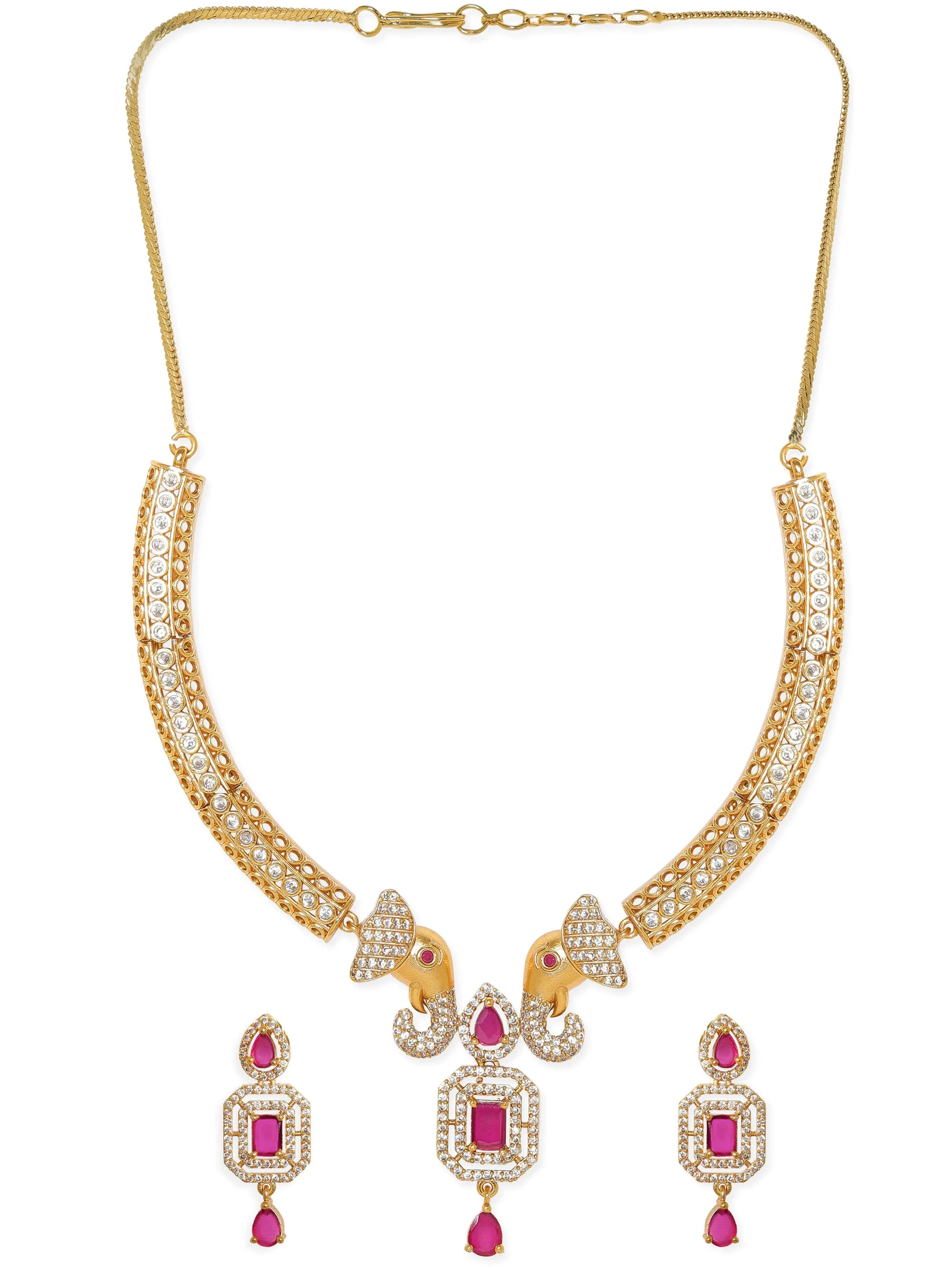 Rubans Radiant Gold-Plated AD & Pink Stone Necklace Set