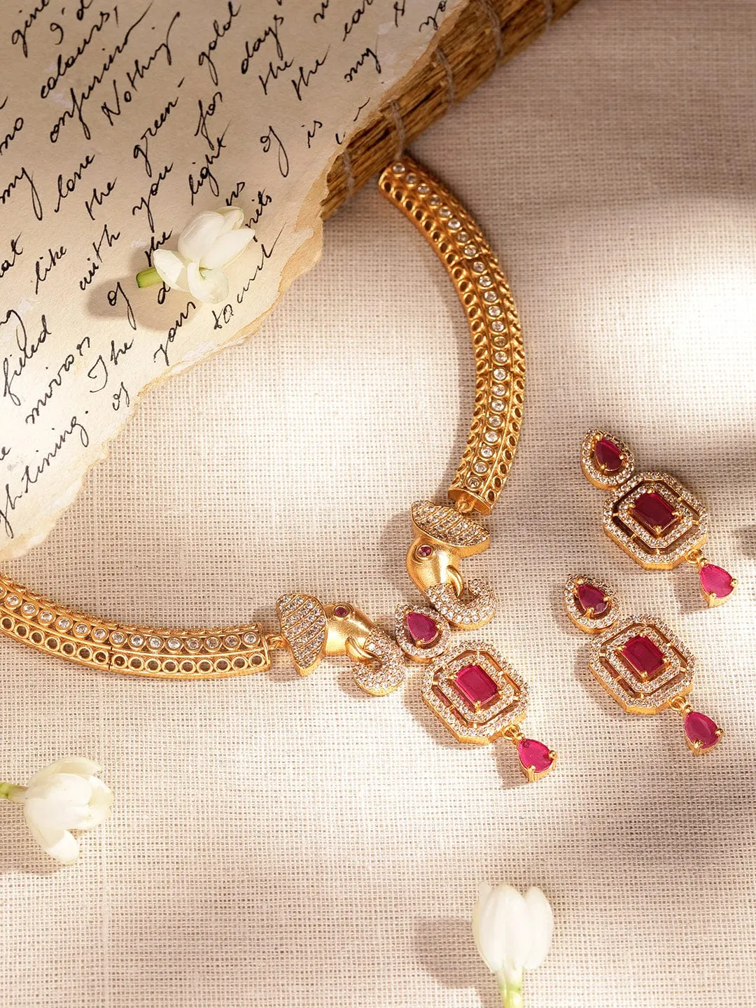 Rubans Radiant Gold-Plated AD & Pink Stone Necklace Set