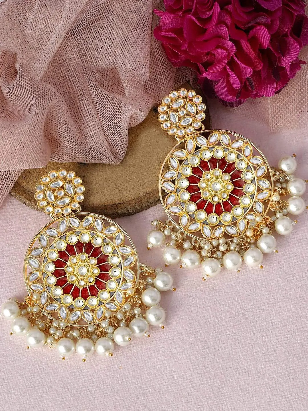 Rubans Red Gold-Plated Kundan Studded  Beaded Handcrafted Drop Earrings