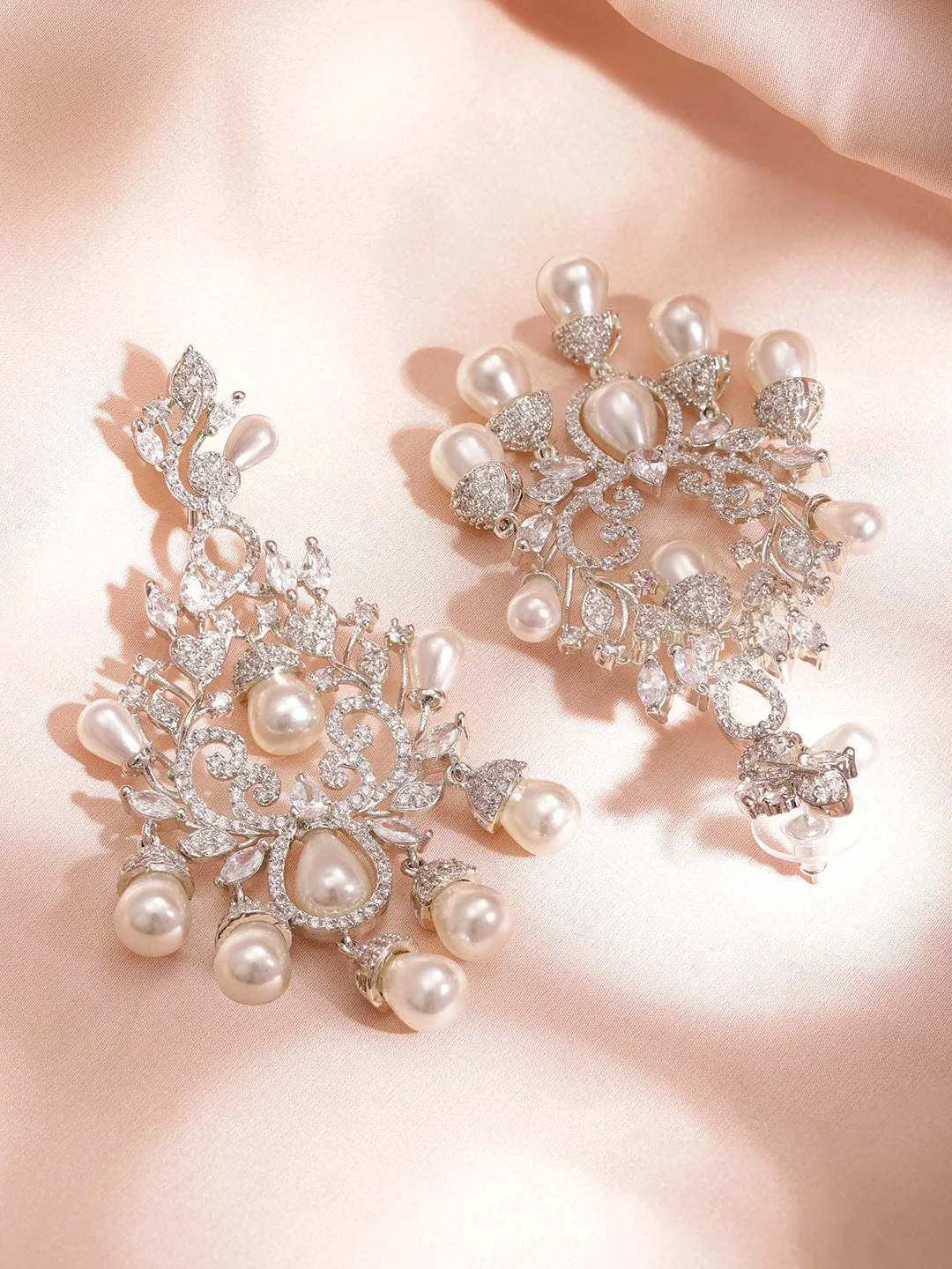 Rubans Rhodium Plated AD studded Chandelier Earring with Pearl Drops