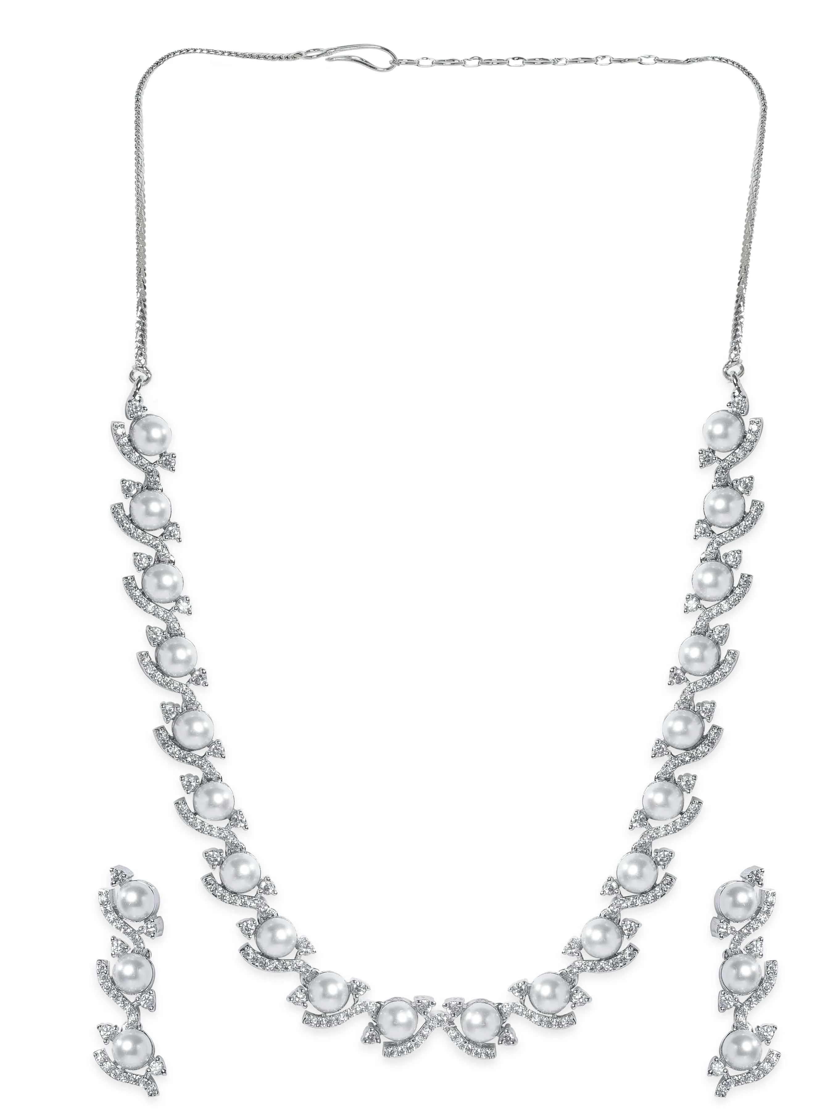 Rubans Rhodium Plated Pave Zirconia studded Flora Sleek Necklace Set