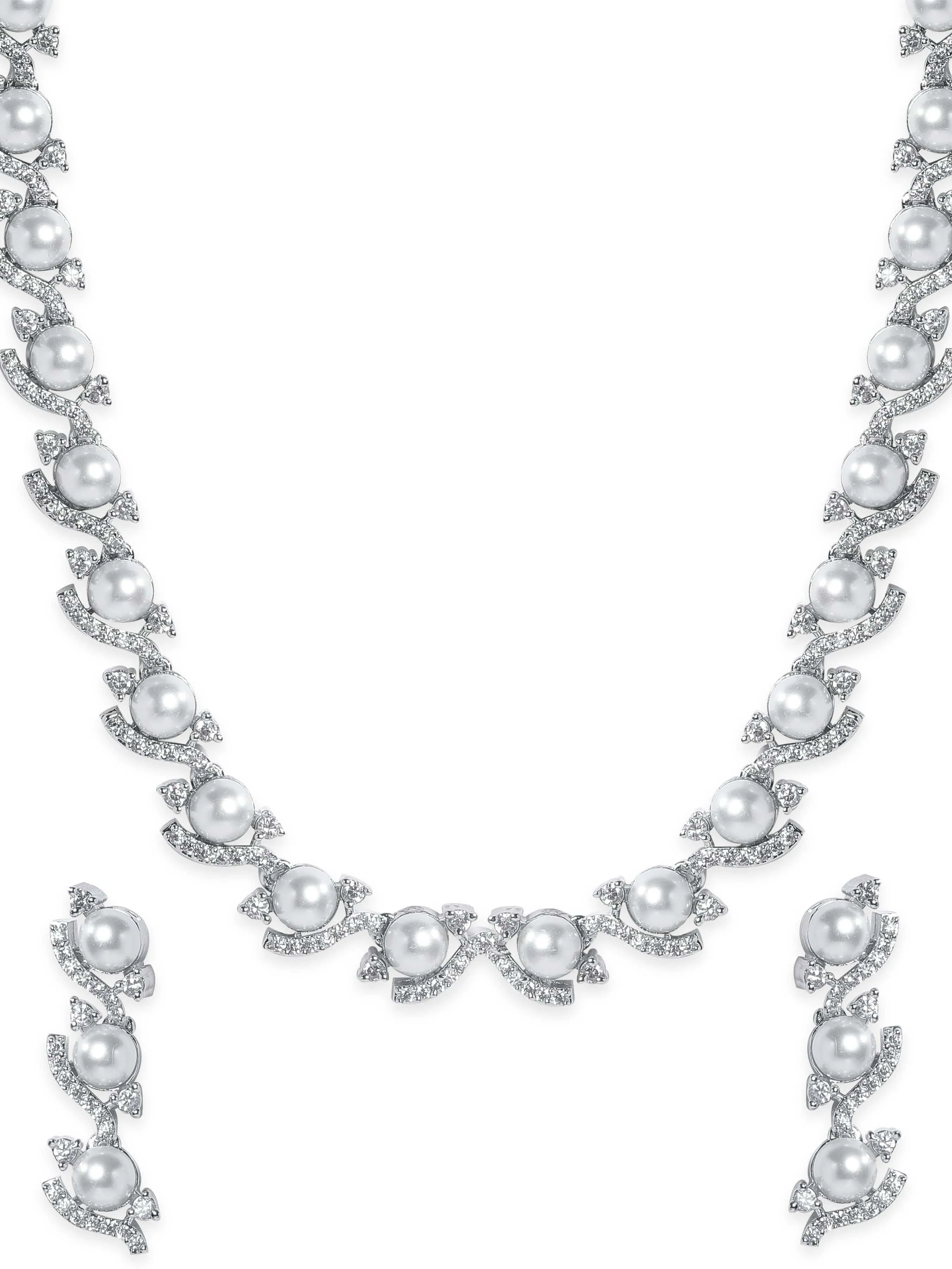 Rubans Rhodium Plated Pave Zirconia studded Flora Sleek Necklace Set