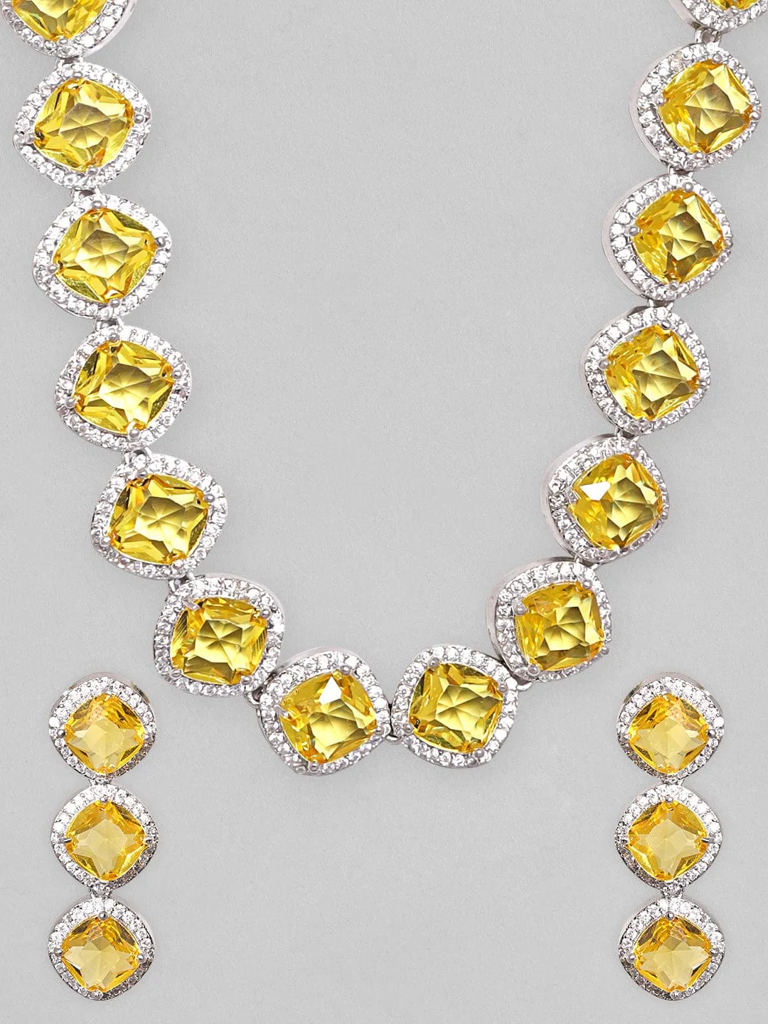 Rubans Rhodium Plated Premium White & Citrine solitaire Zircons Necklace Set