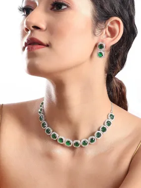 Rubans Rhodium Plated Premium White & Emerald Zircons Necklace Set.