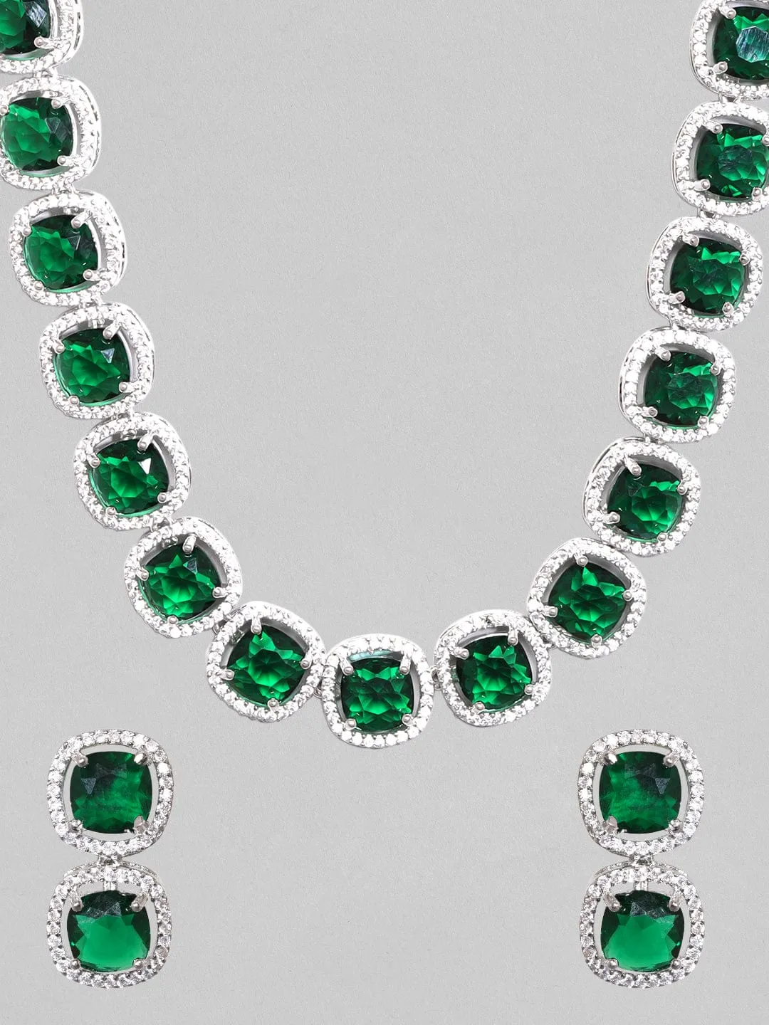 Rubans Rhodium Plated Premium White & Emerald Zircons Necklace Set.