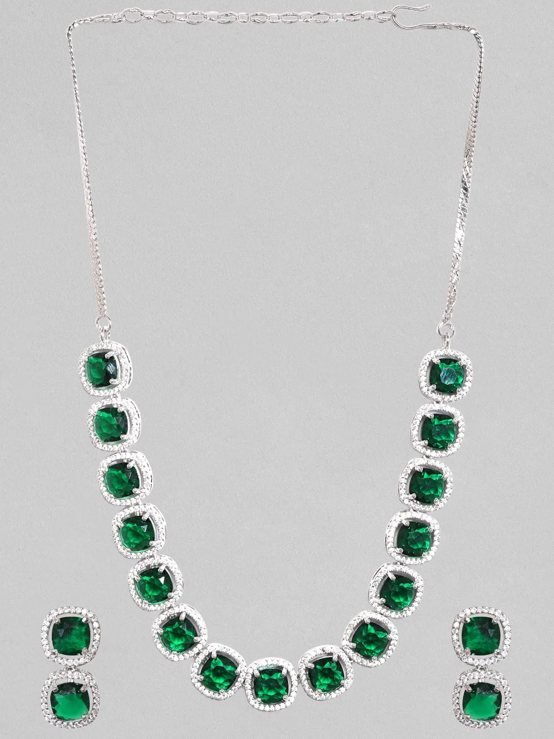 Rubans Rhodium Plated Premium White & Emerald Zircons Necklace Set.