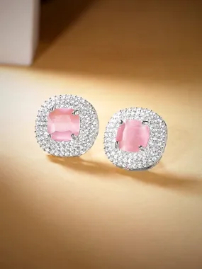 Rubans Rhodium Plated Premium White & Pink Saphire Zircons Stud Earring.