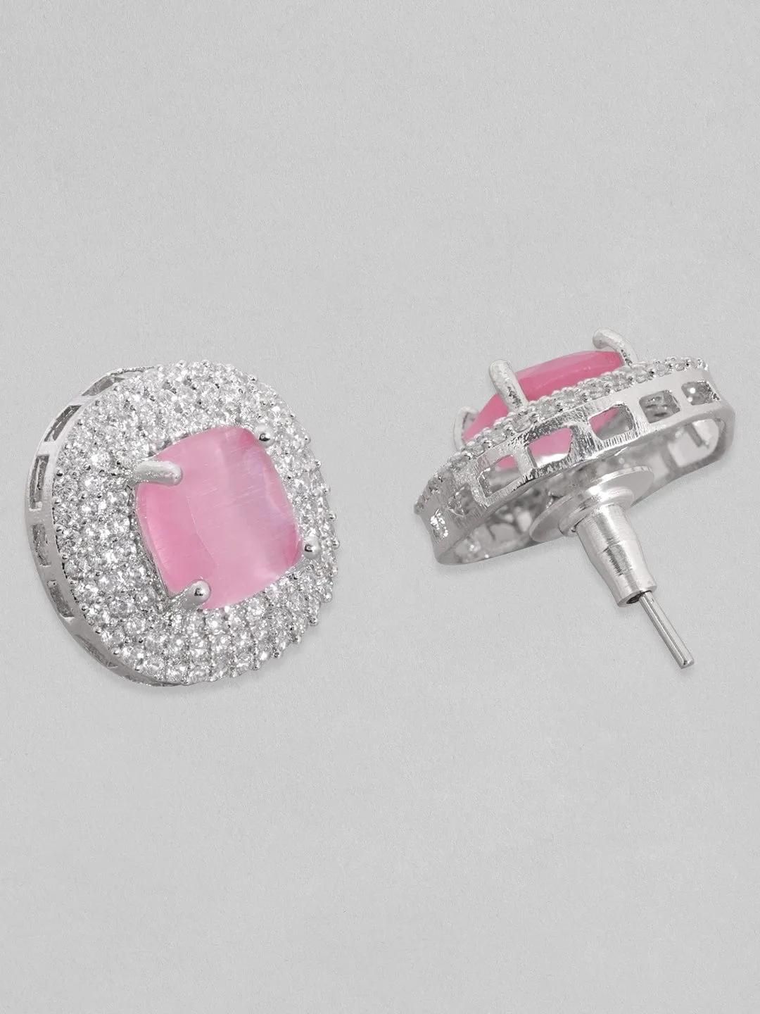 Rubans Rhodium Plated Premium White & Pink Saphire Zircons Stud Earring.