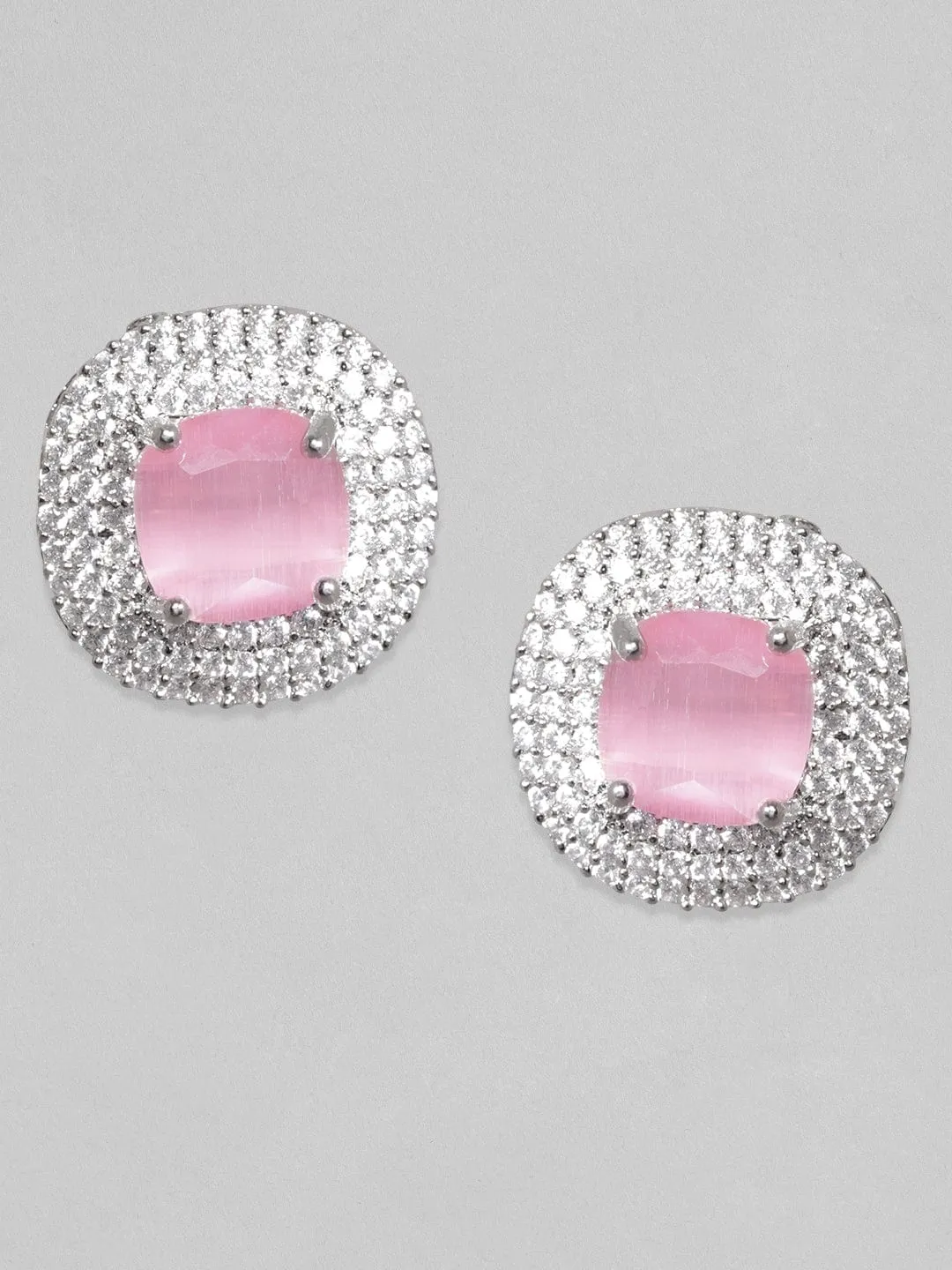 Rubans Rhodium Plated Premium White & Pink Saphire Zircons Stud Earring.