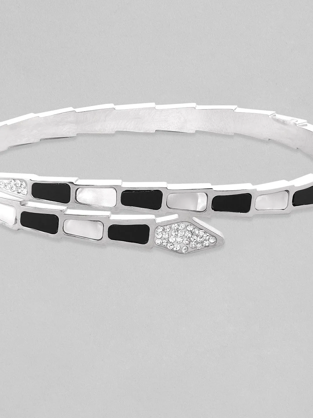 Rubans Rhodium Plated White & Black Shell Studded Snake Motif Waterproof Open Bracelet.