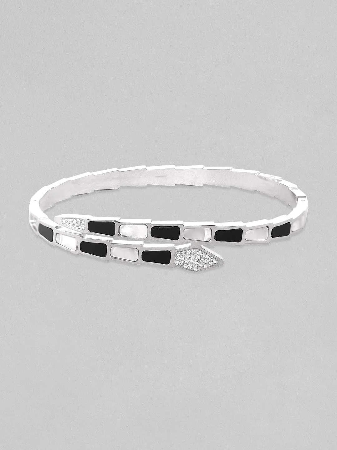 Rubans Rhodium Plated White & Black Shell Studded Snake Motif Waterproof Open Bracelet.