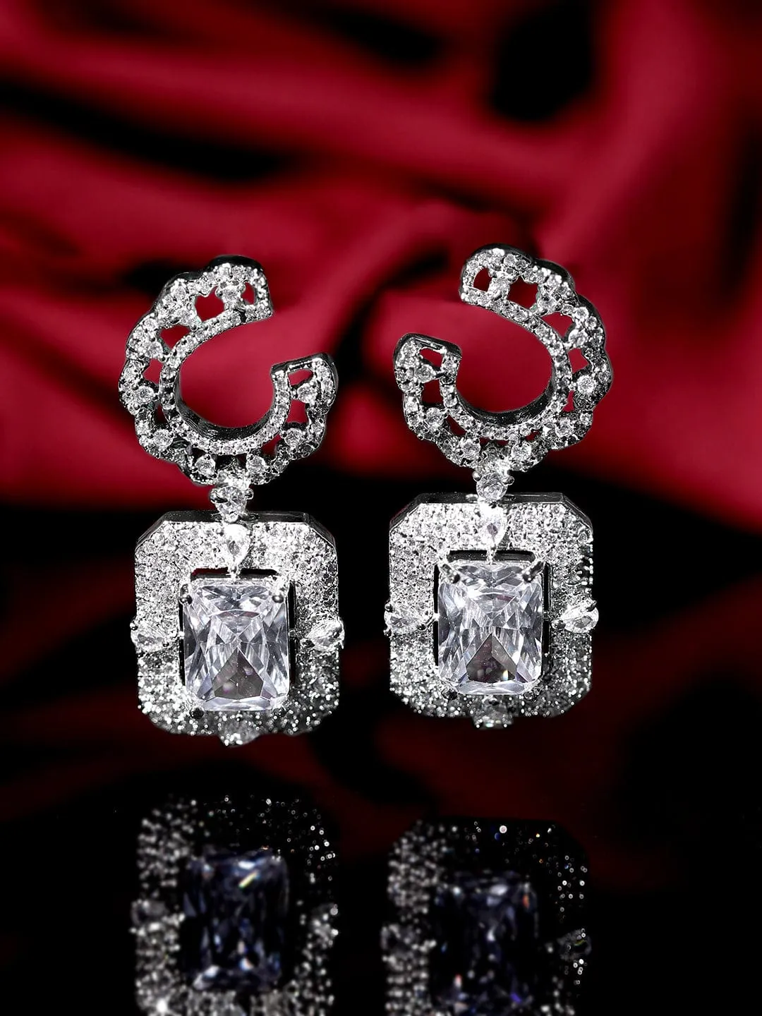 Rubans Rhodium Plated White Zirconia Studded Dangle Earrings