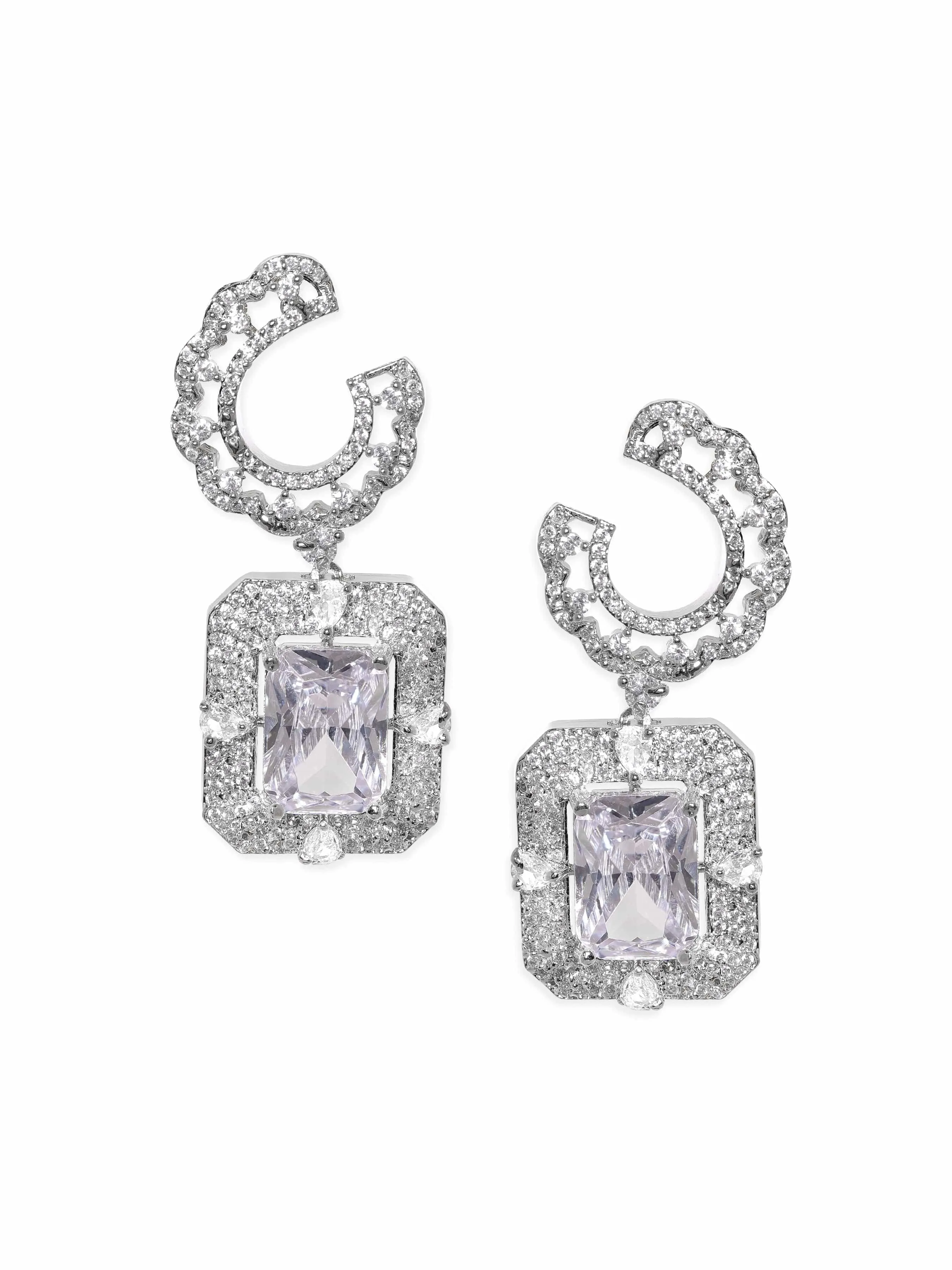 Rubans Rhodium Plated White Zirconia Studded Dangle Earrings