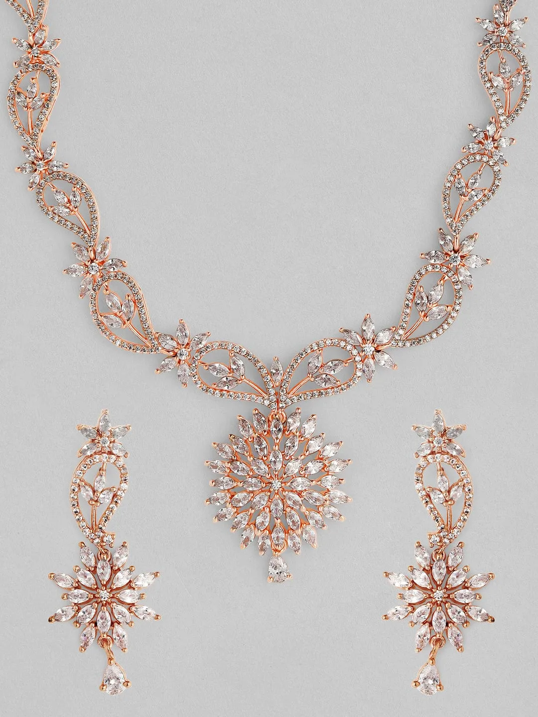 Rubans Rose Gold Plated Handcrafted Zircon Stone Studded Floral Necklace Set