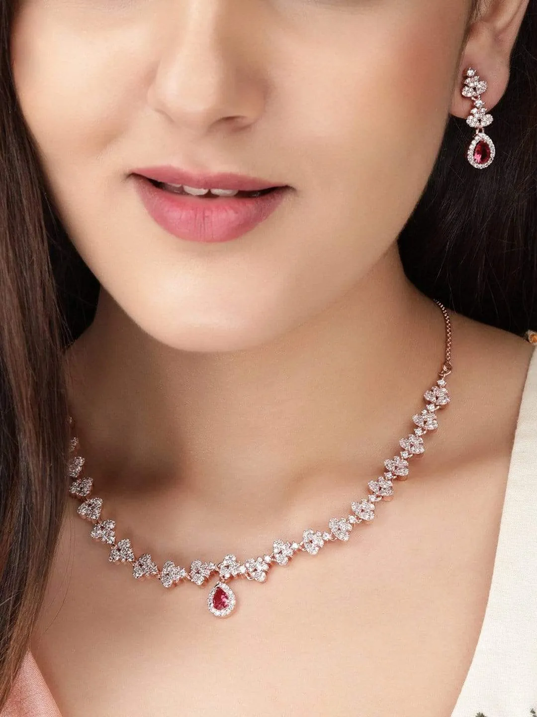 Rubans Rose Gold Plated Necklace Set in CZ and Pink Stones